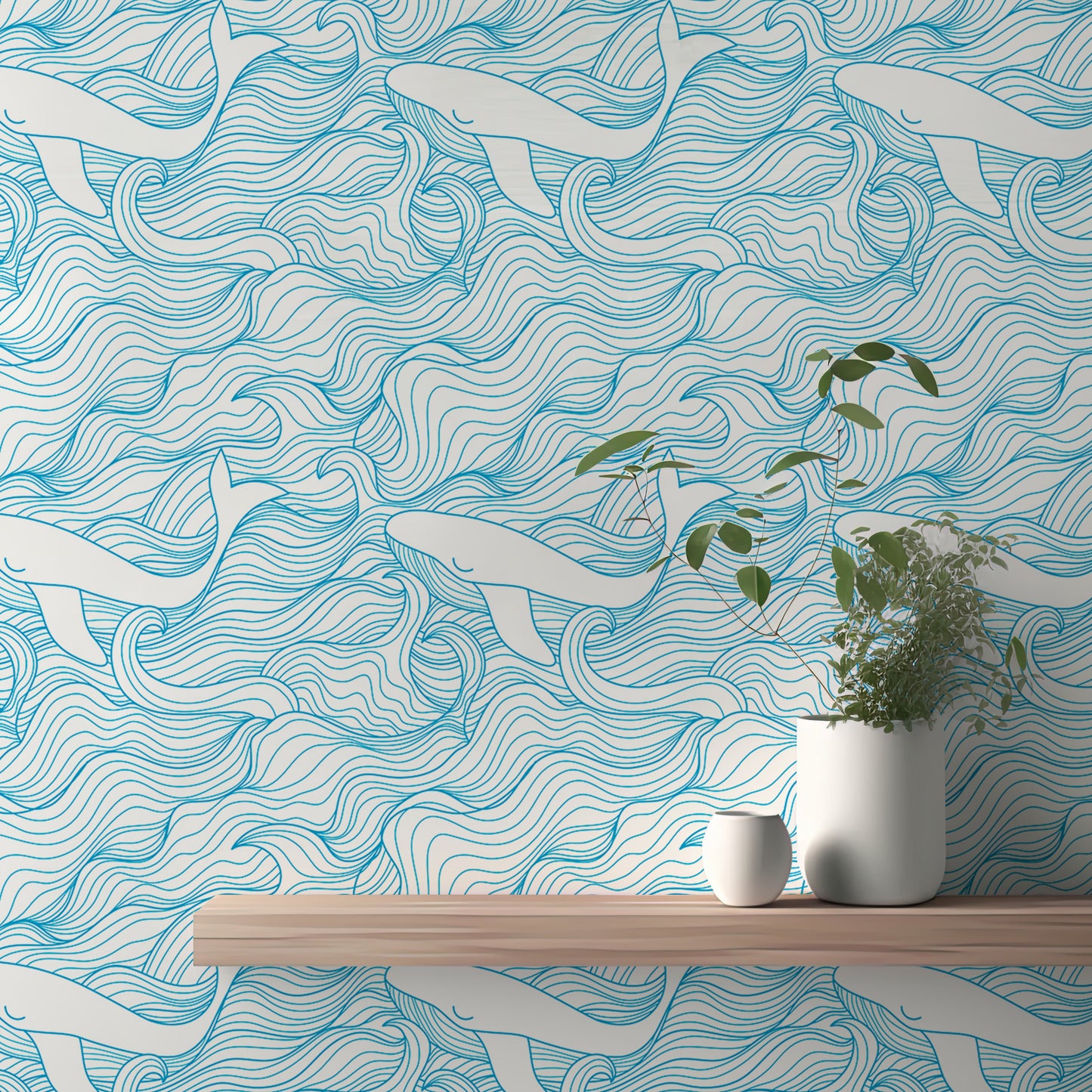 Light Blue Pattern Stormy Waves and Whales Wallpaper