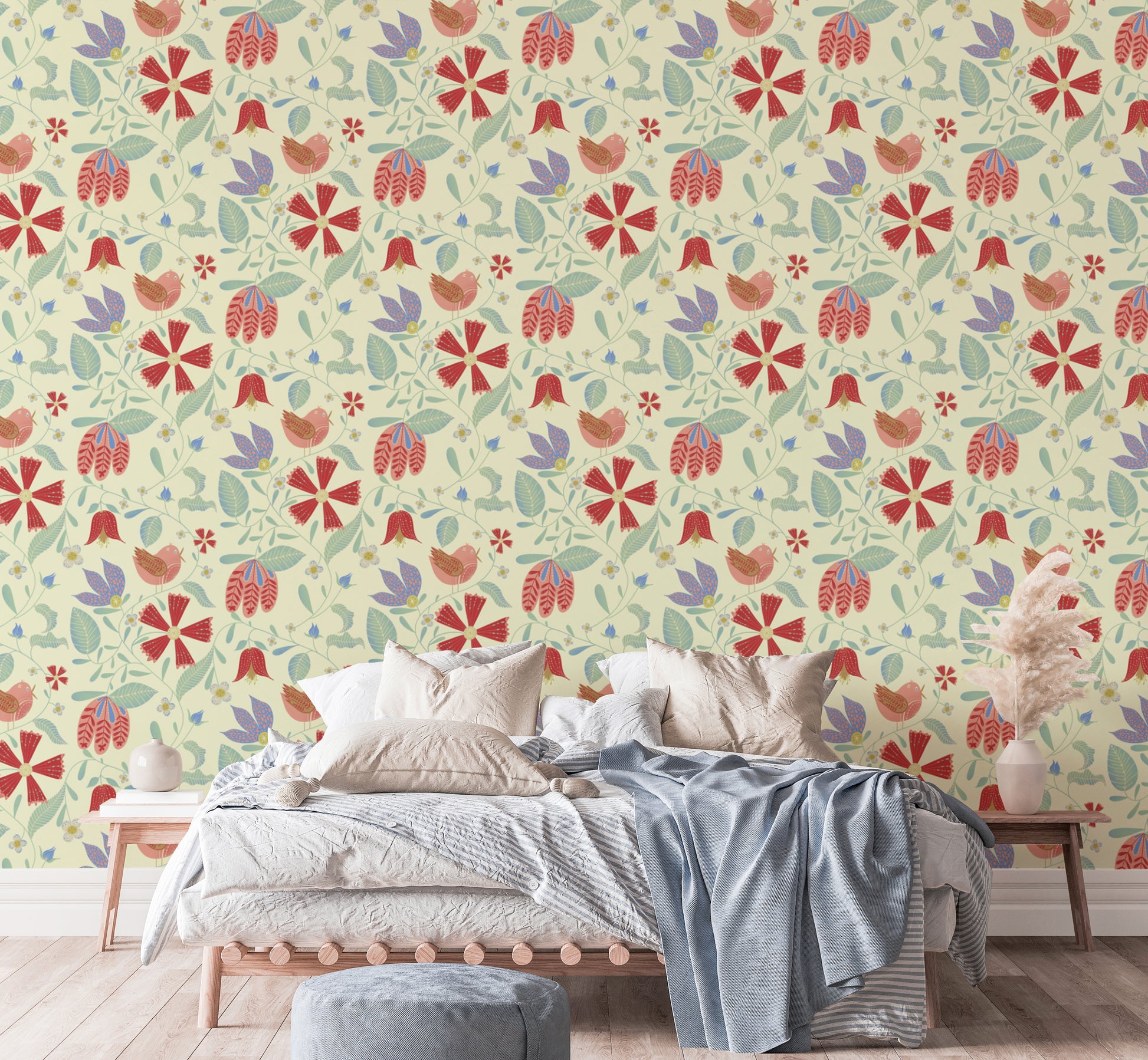 Whimsical wallpaper featuring folk-inspired bird patterns
