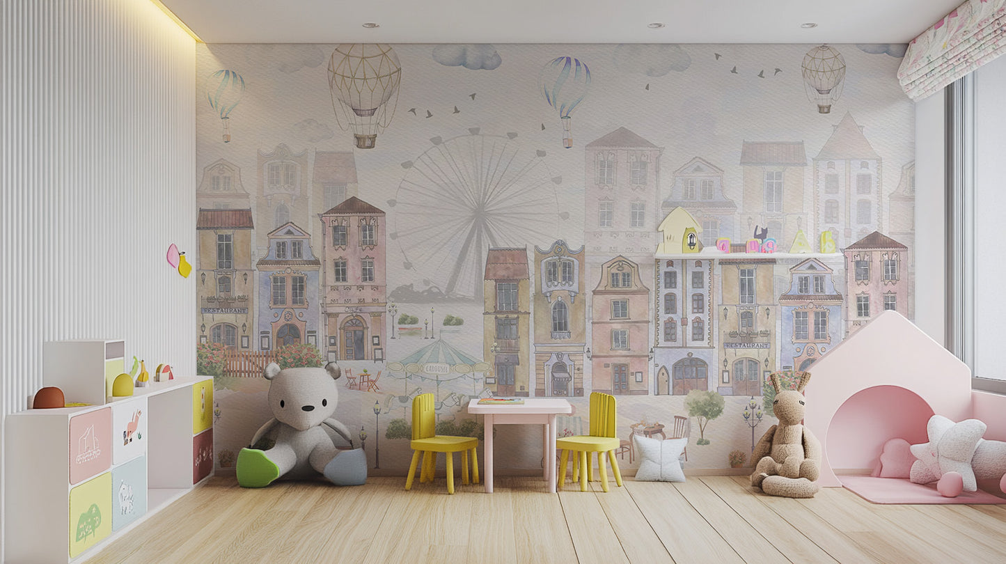 Kids room mural with historical architecture and old city charm
