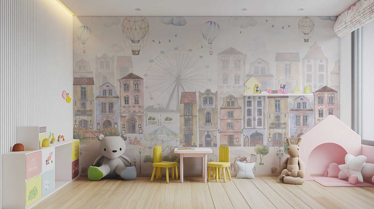 Kids room mural with historical architecture and old city charm
