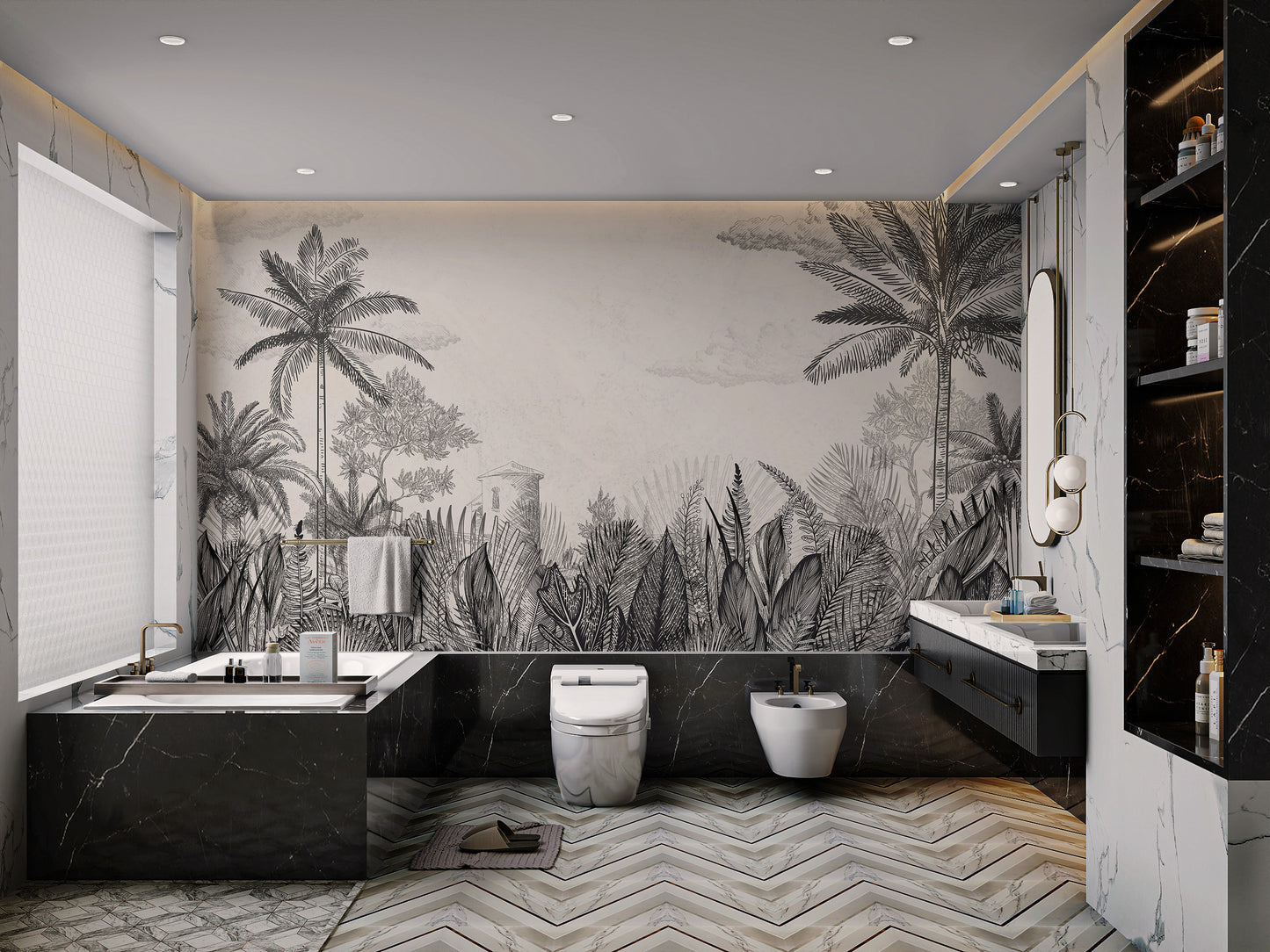 Vintage Tropical Botanical Monochrome Mural