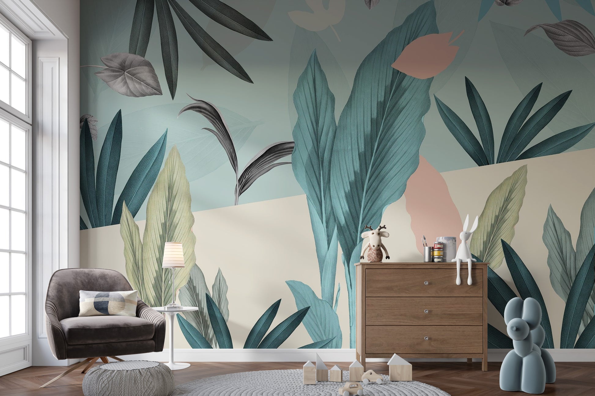 Vibrant green tropical leaves wallpaper for bold decor
