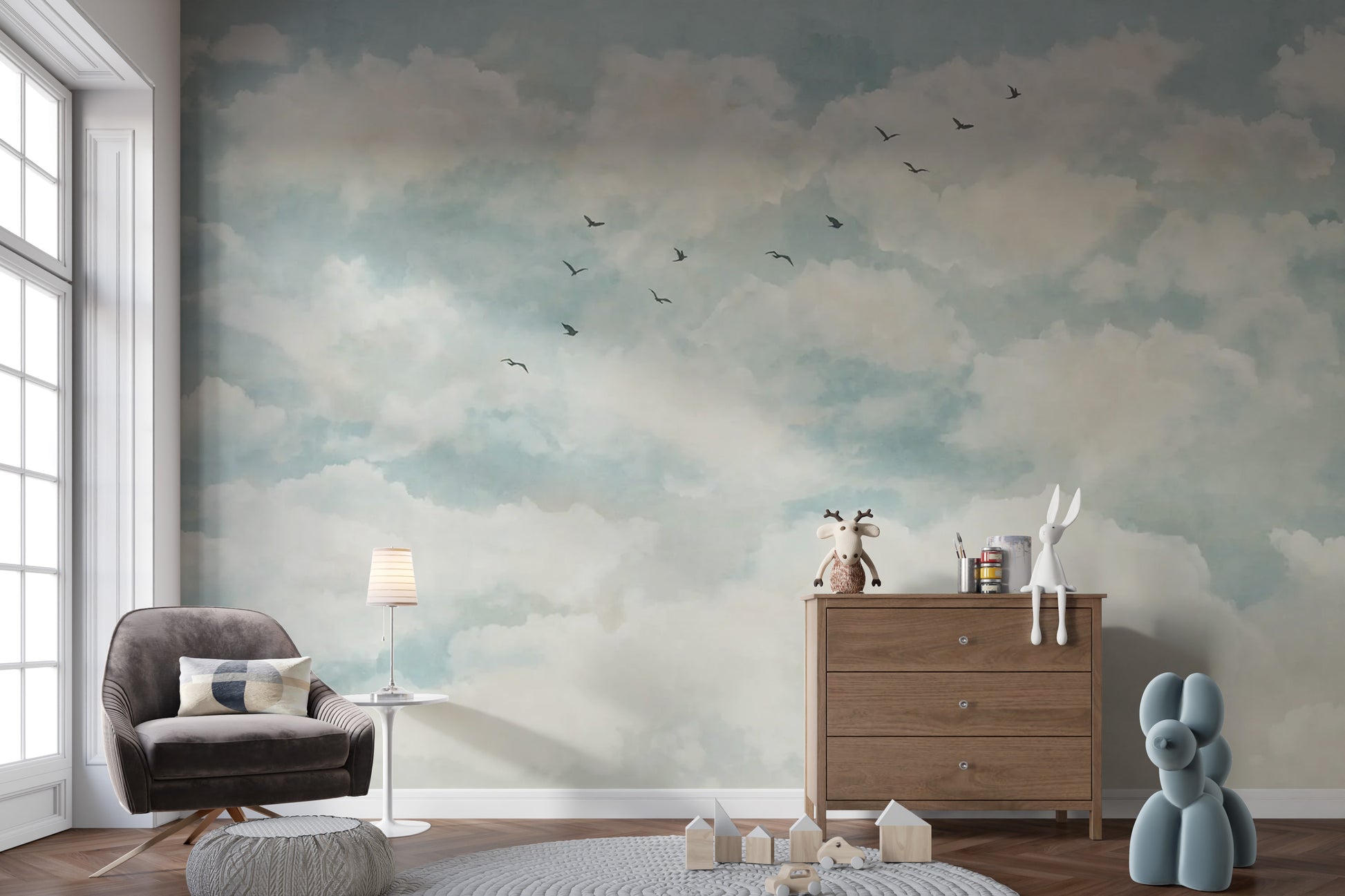 Serene watercolor clouds and birds wallpaper for decor
