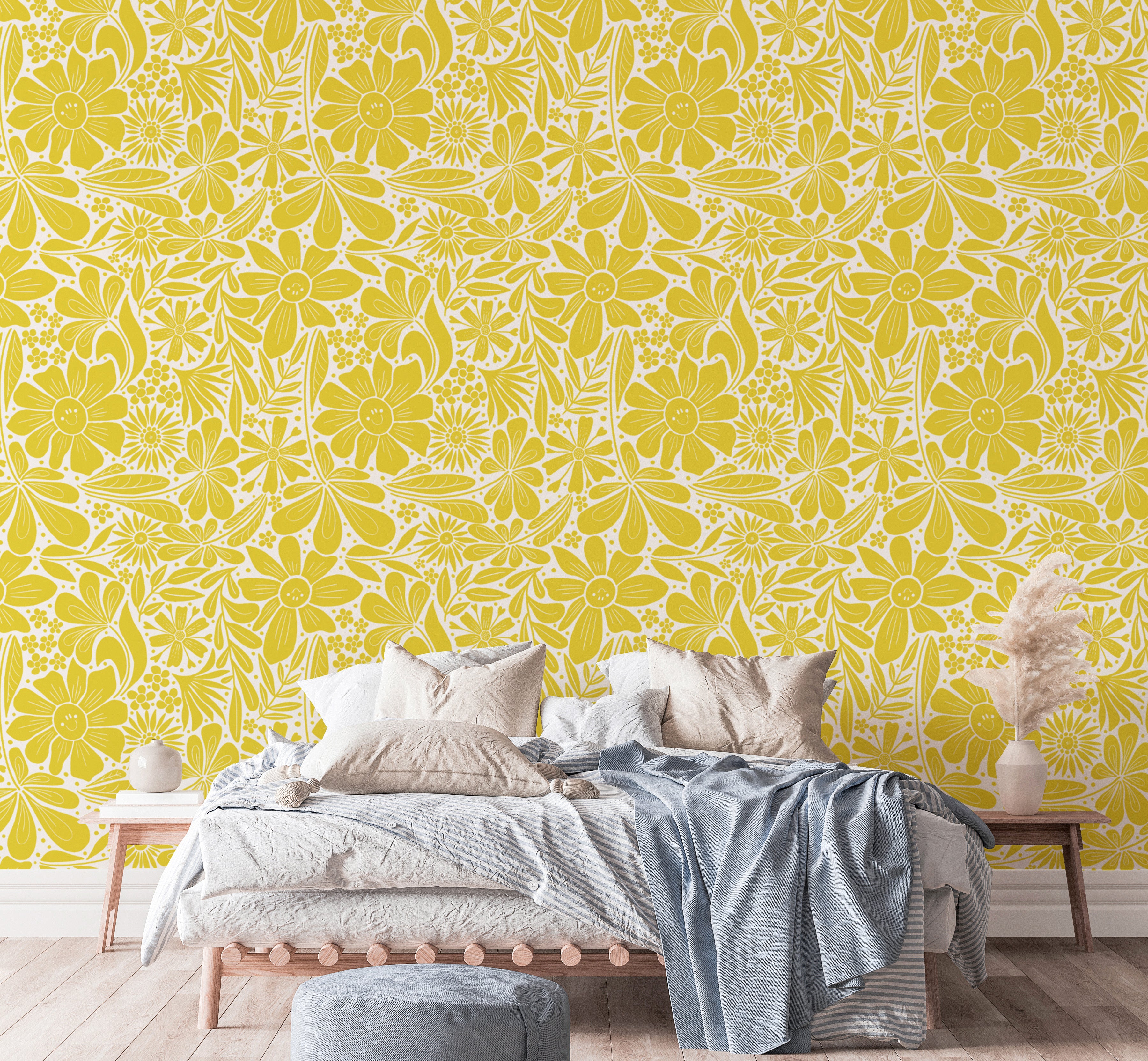 Bright yellow wallpaper with delightful blooming flowers
