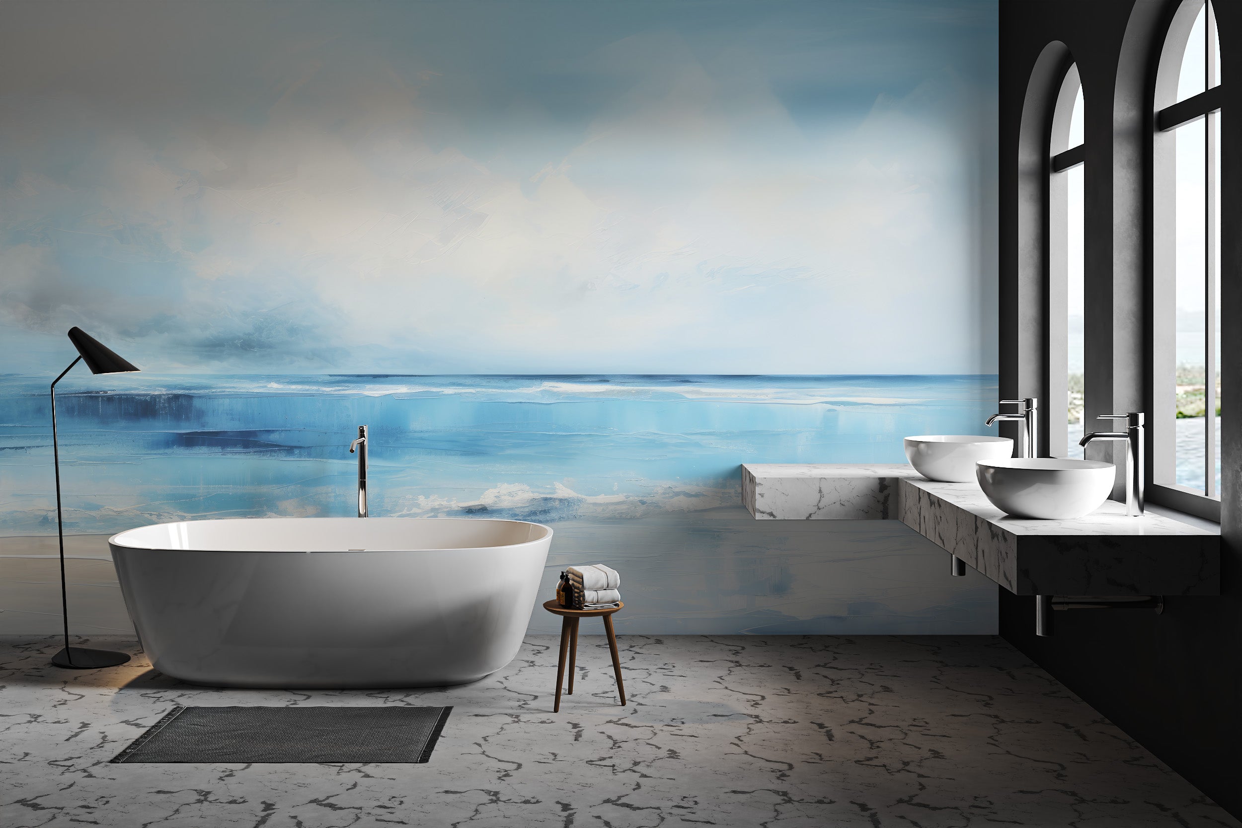 Serene seascape mural with soft colors
