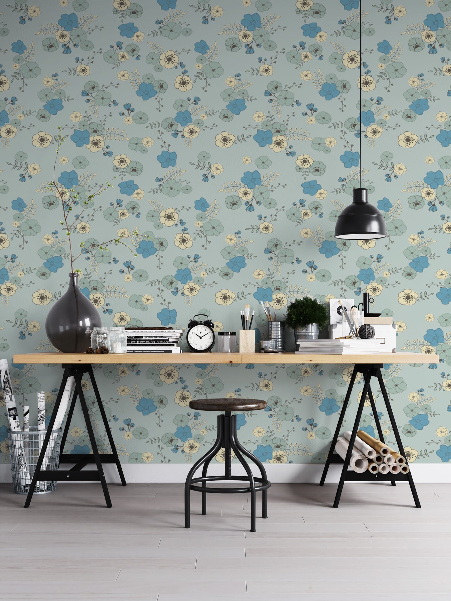 Ditsy Blooms Pastel Blue Wallpaper