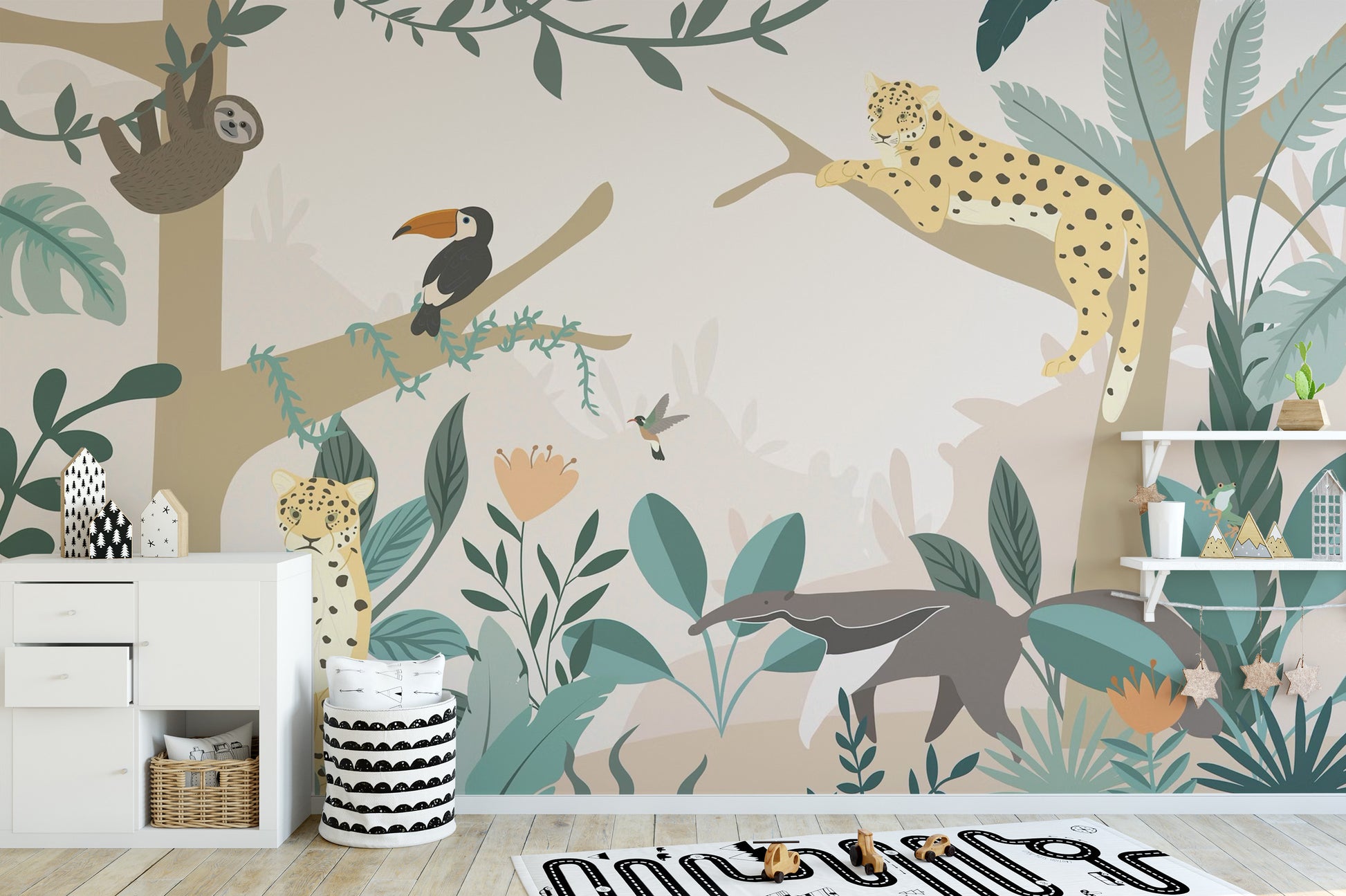 Colorful rainforest friends mural with playful animals.
