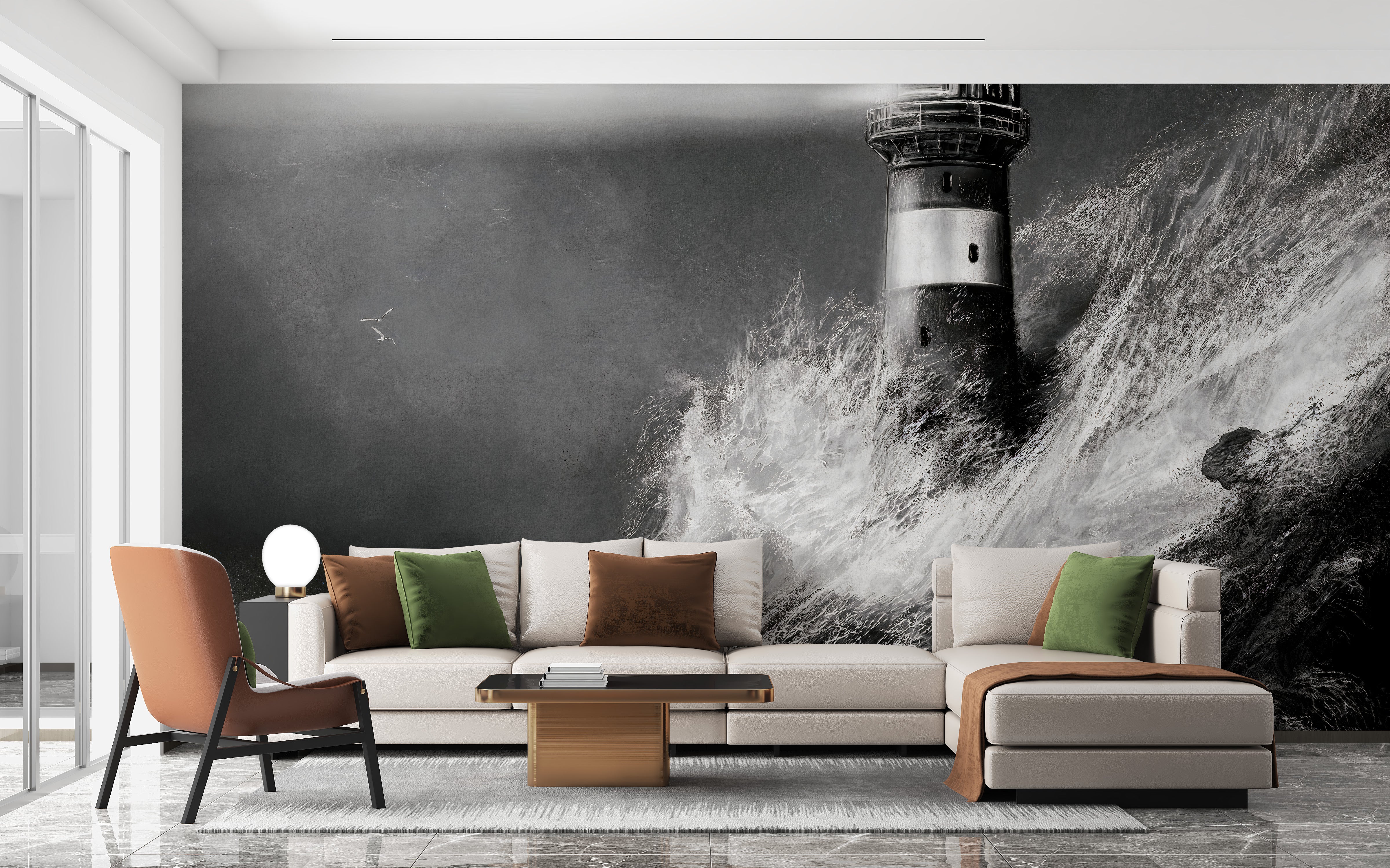 Night lighthouse wall mural for interiors
