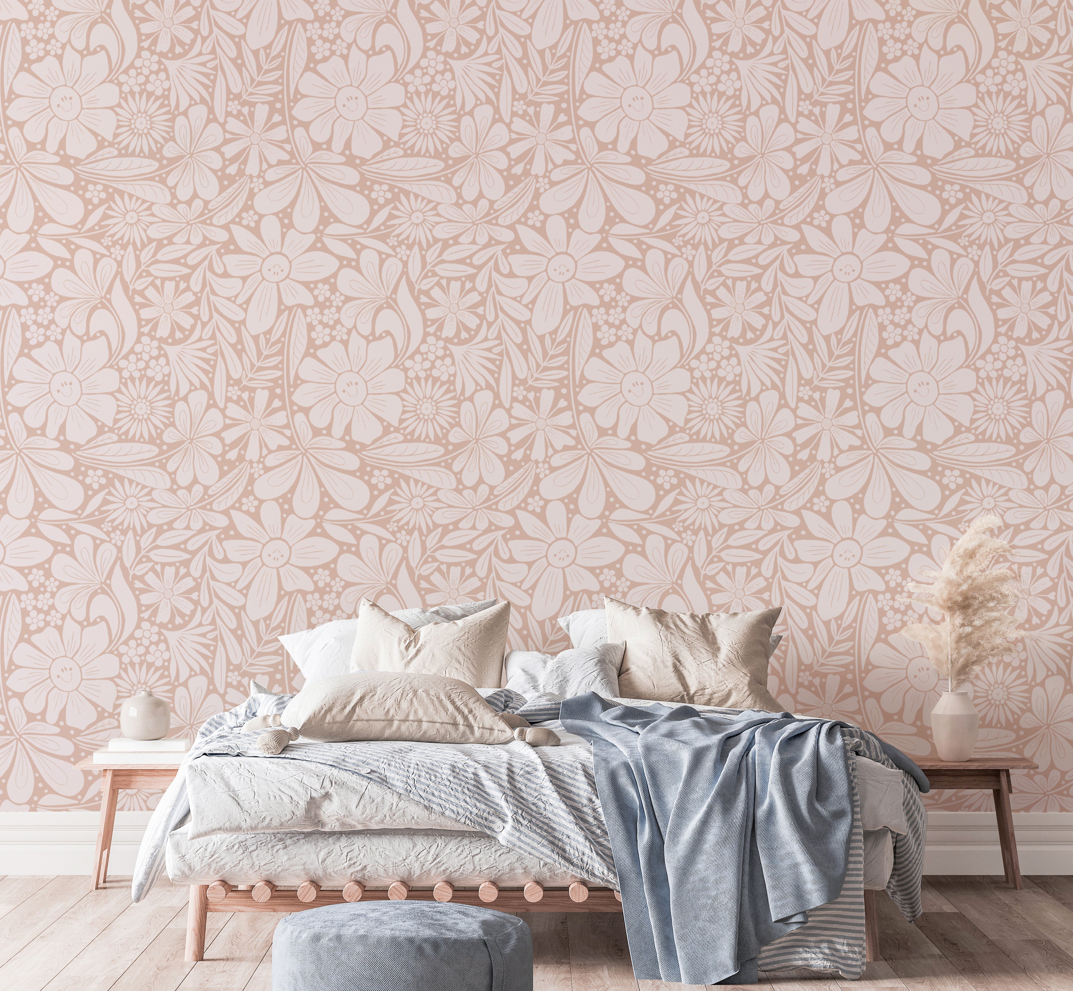 Gentle pastel pink wallpaper with delightful blooming flowers
