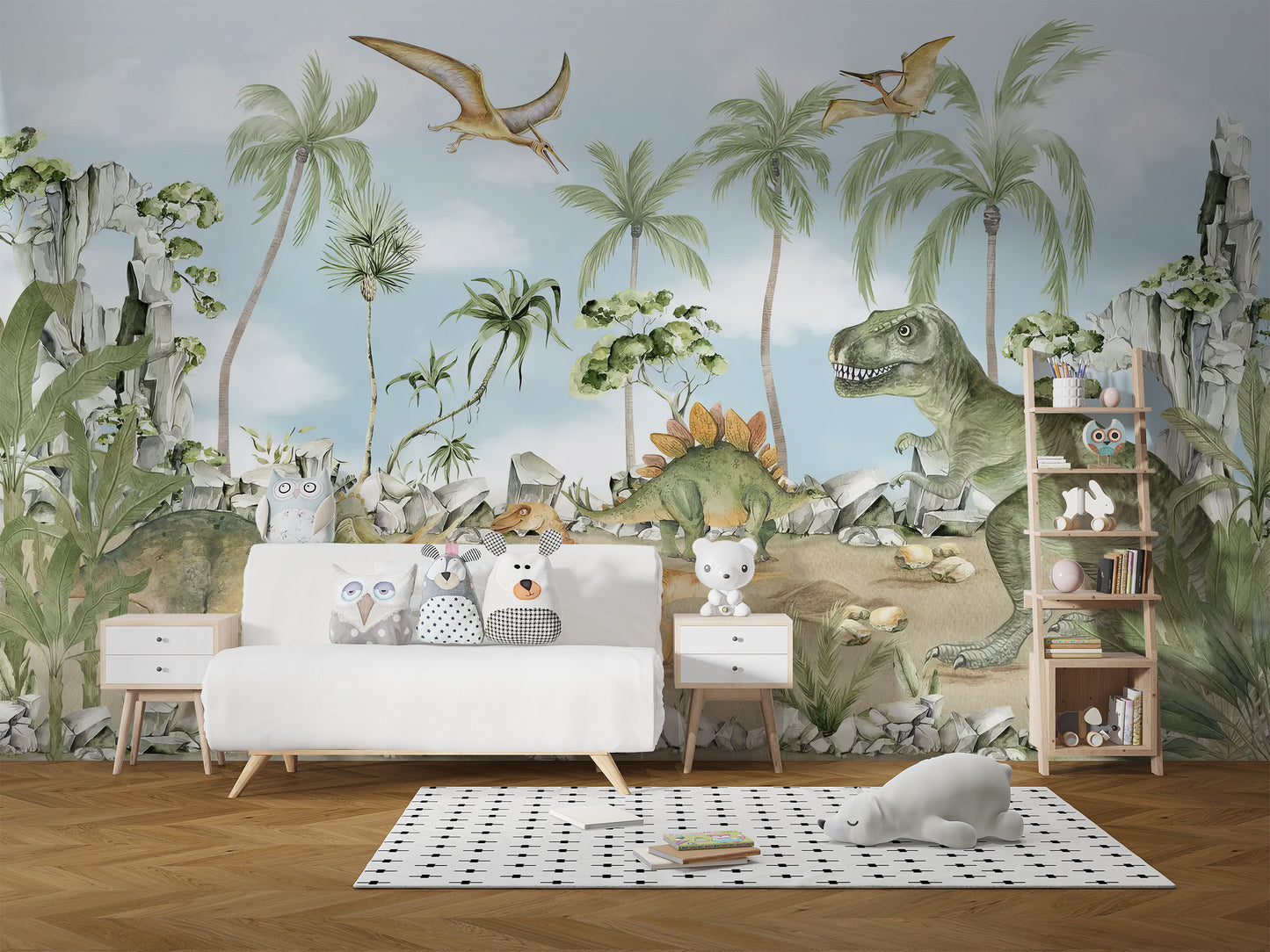 Whimsical mural featuring a variety of playful dinosaurs
