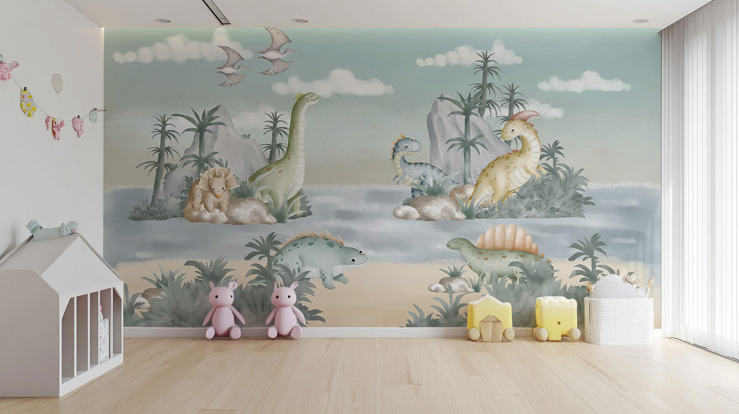 Fun dinosaur hills mural perfect for children’s rooms
