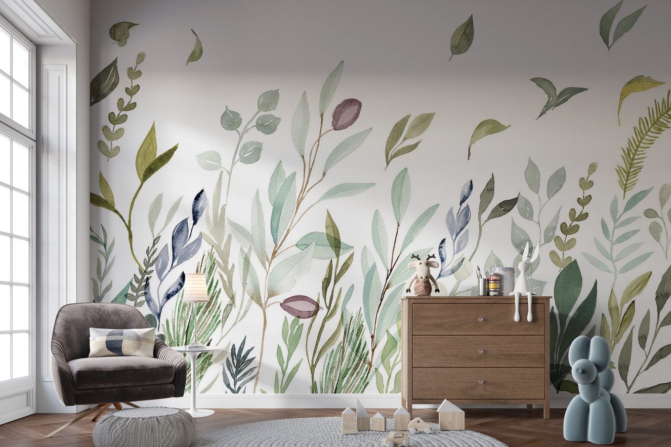 Elegant wall mural with soft watercolor leaf design
