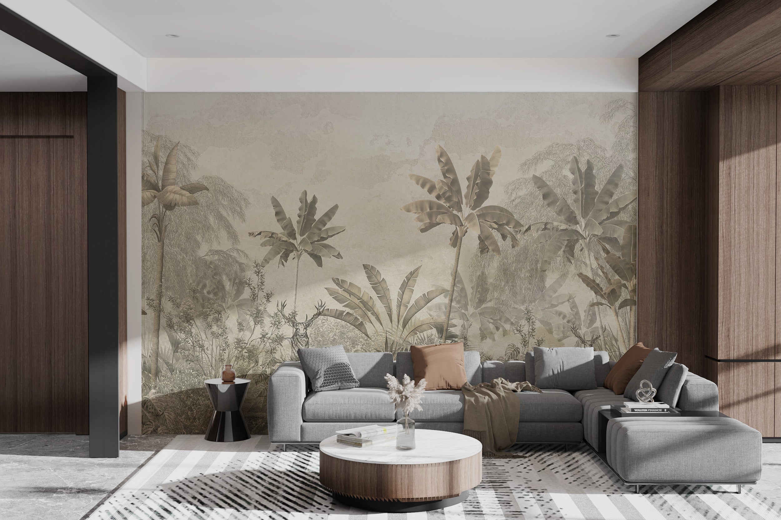 Light yellow mural featuring wild tropical foliage