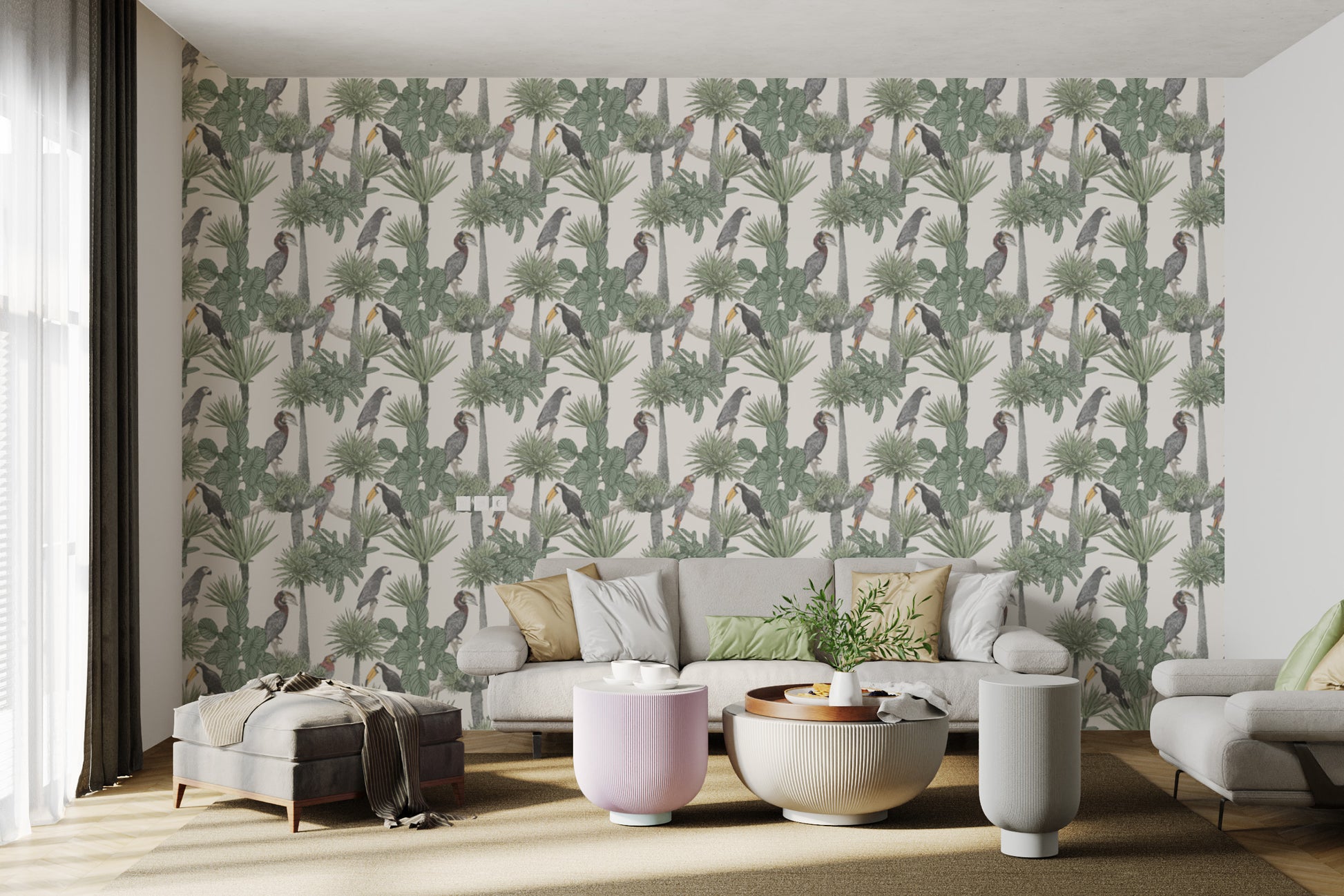 Wall mural showcasing tropical toucans and lush greenery