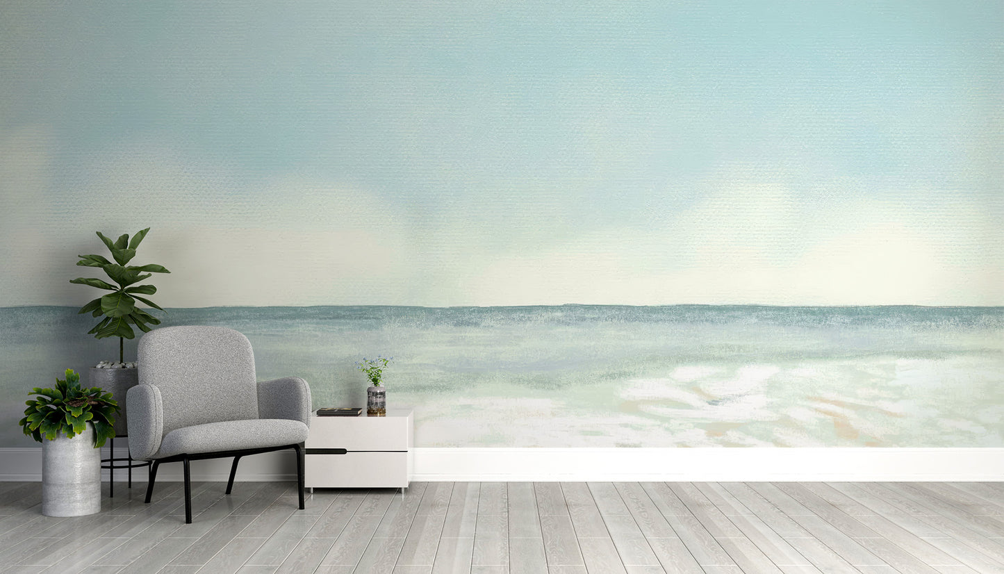 Calming wallpaper mural showcasing a watercolor shoreline
