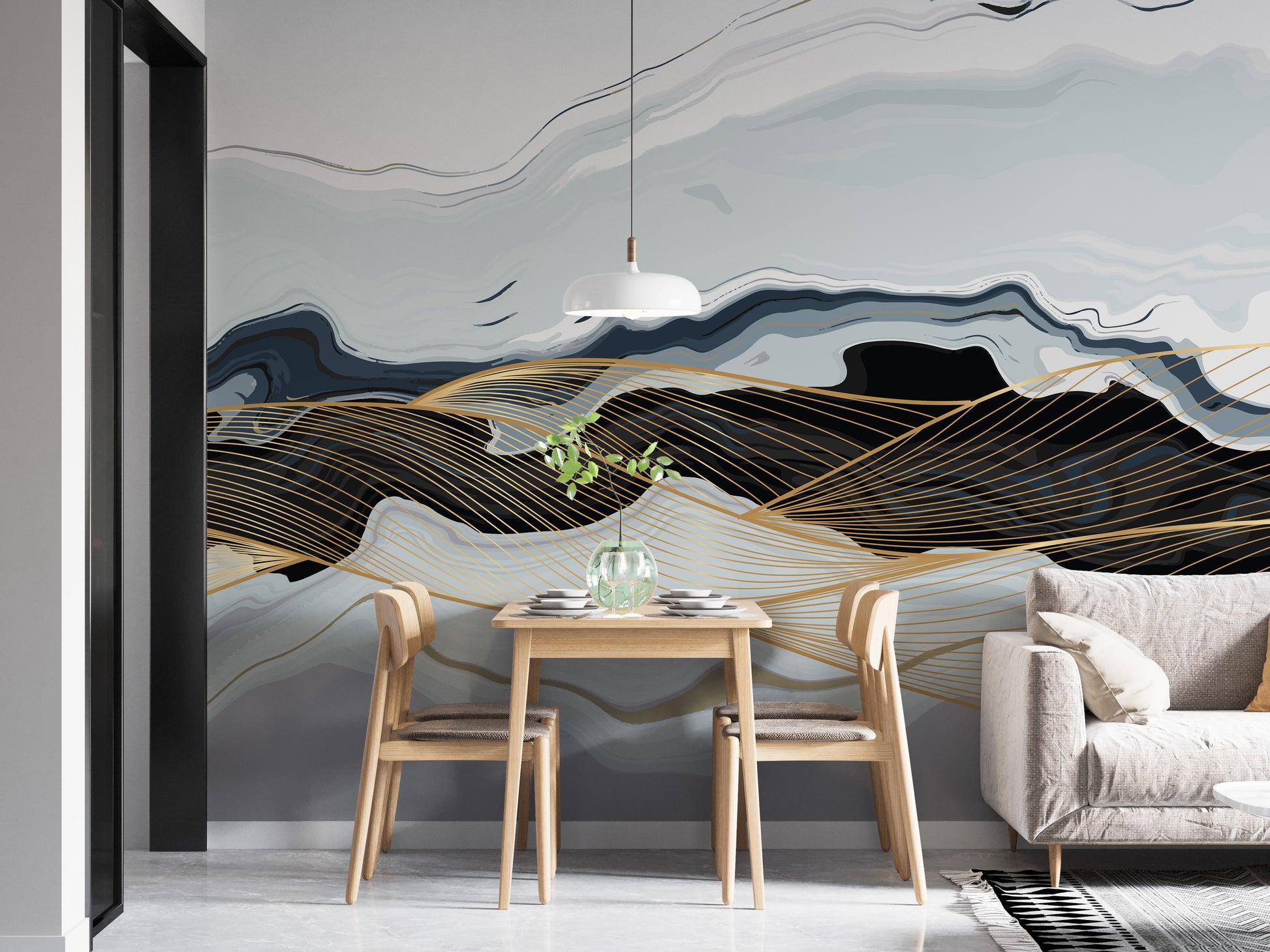 Luxurious blue gold marble effect mural
