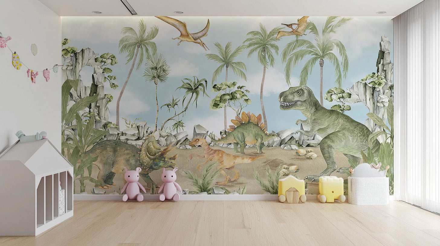 Dinosaur kids room wall mural with playful dino designs
