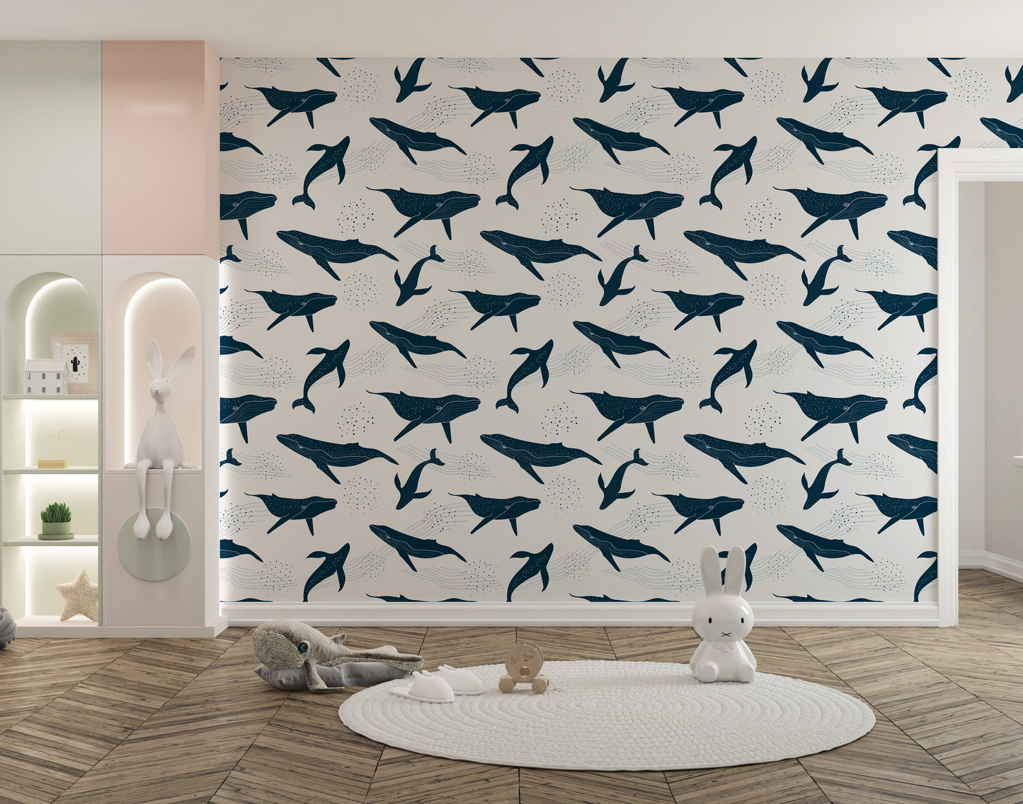 Blue whale mural wallpaper in monochrome tones
