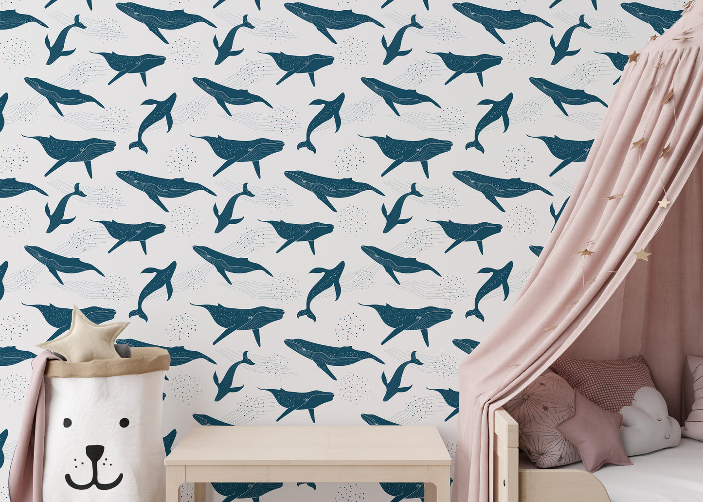 Minimalist ink blue whale mural wallpaper
