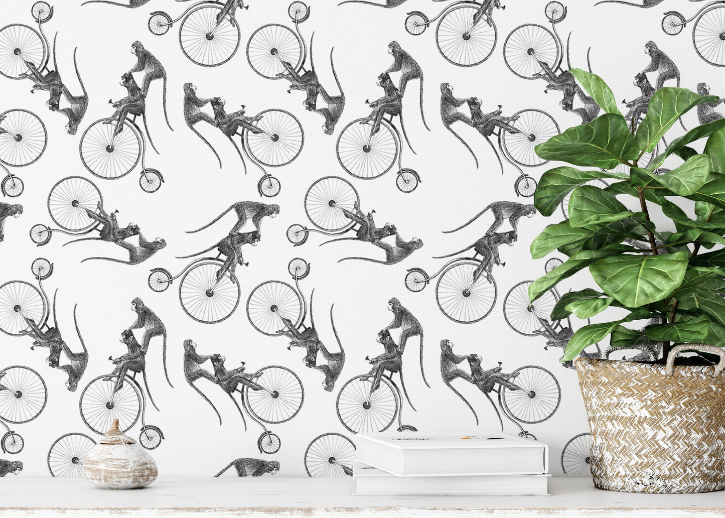 Playful repeat pattern featuring monkeys on bicycles