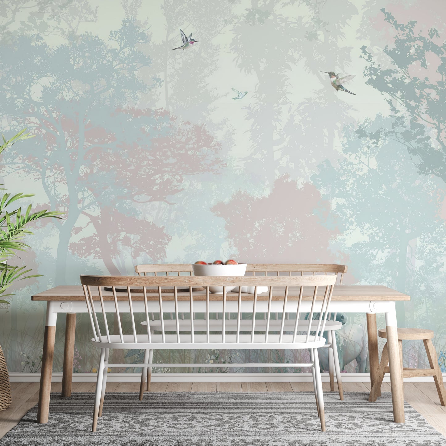 Enchanted forest wallpaper mural with charming woodland creatures
