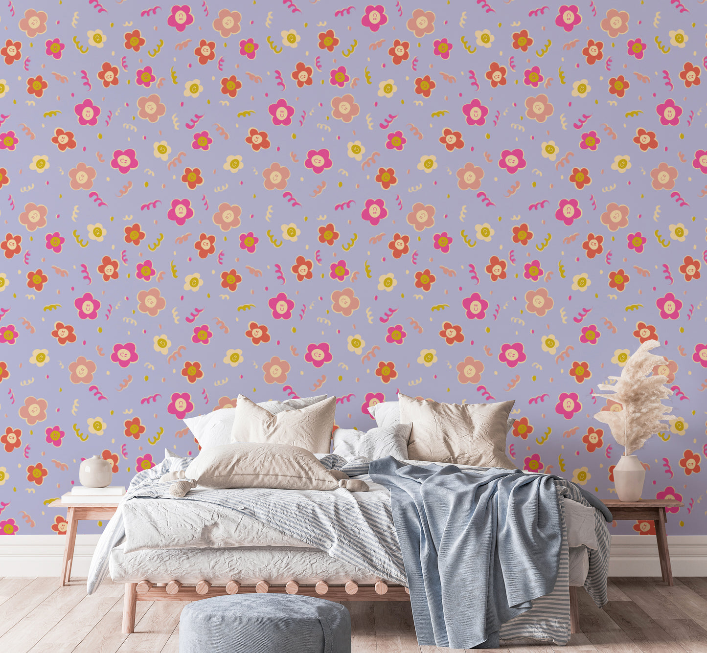 Decorative wallpaper showcasing playful smiley flowers
