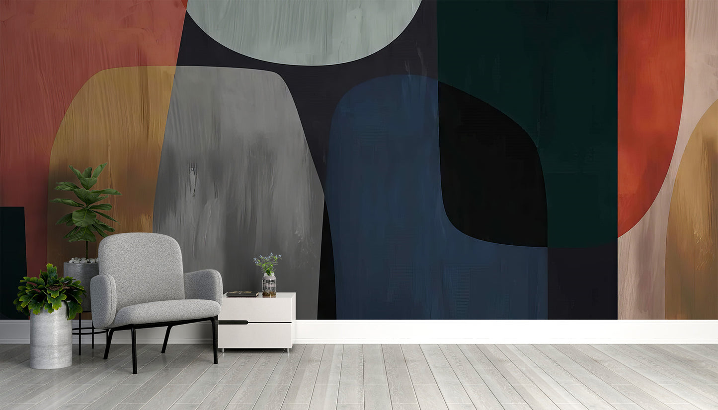 Modern abstract mural with a mix of colors and geometric shapes
