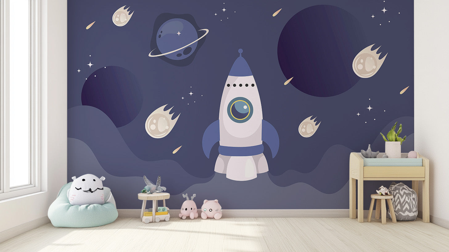 Rocket ship wall mural for space-themed kids' rooms
