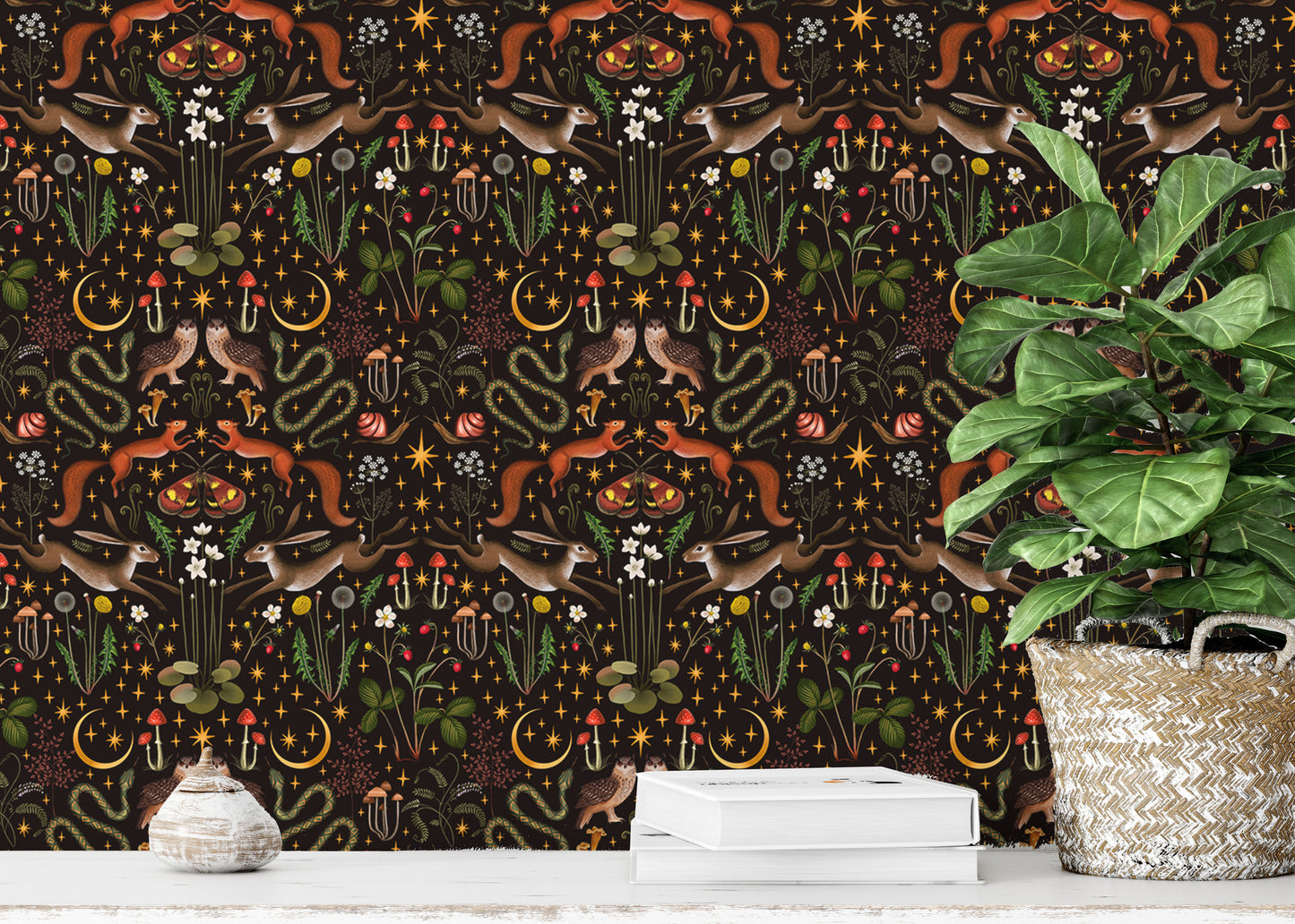 Cute owl-themed wallpaper featuring floral and mushroom accents