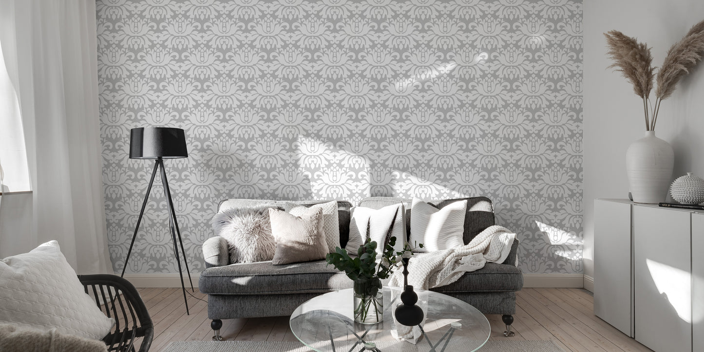 Stylish White Damask Repeat Pattern Peel and Stick Wallpaper