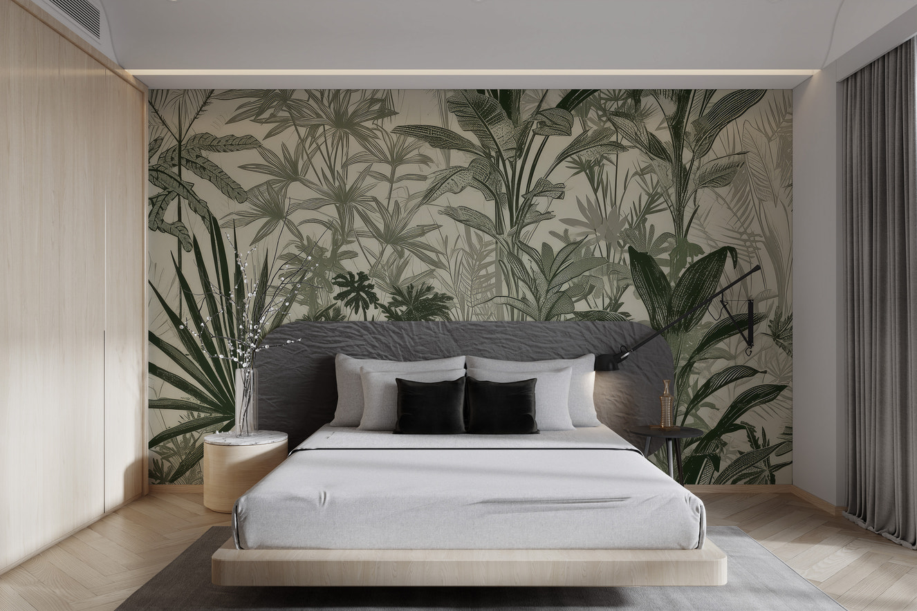 Botanical leaf wallpaper with intricate tropical details
