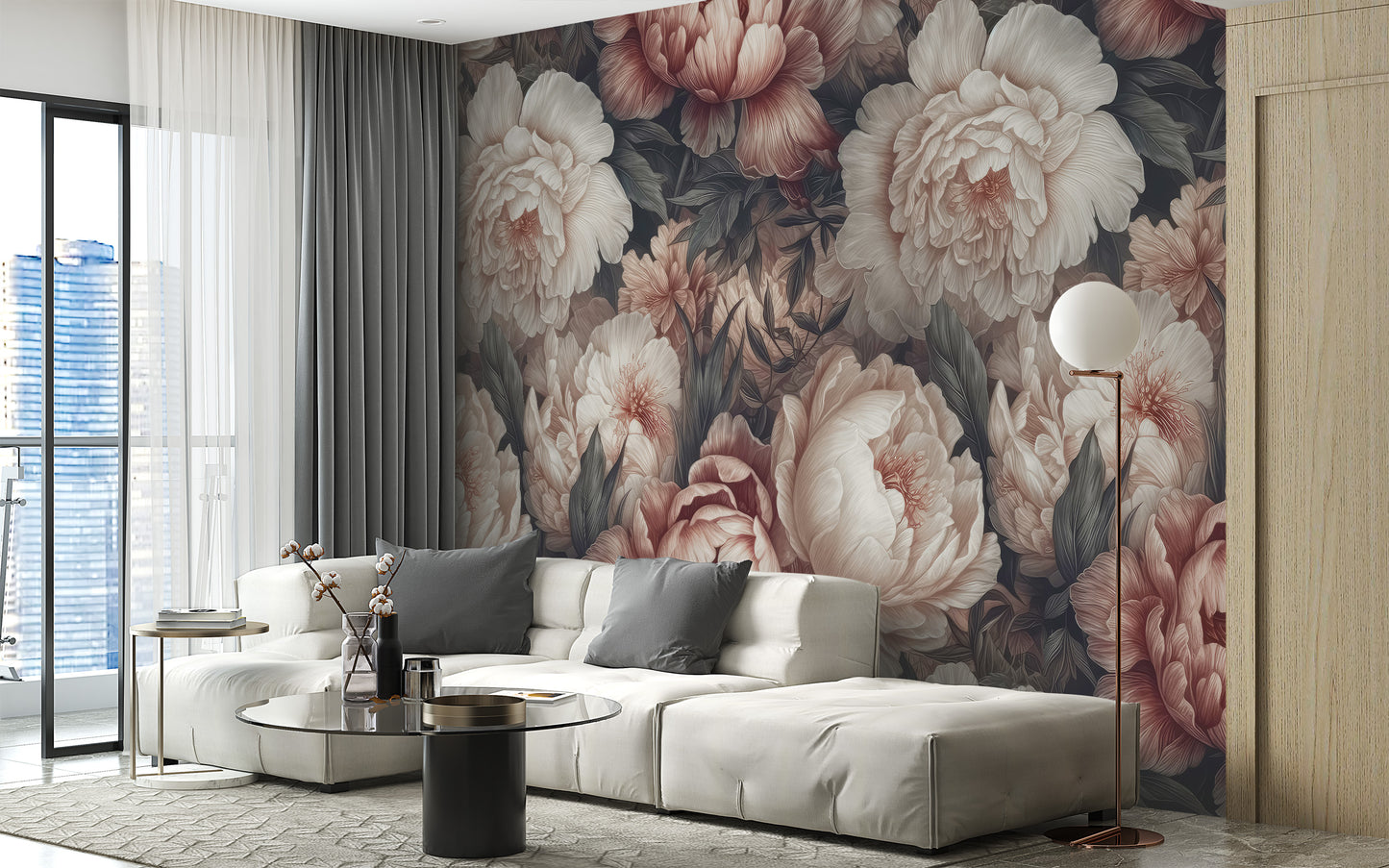 Blush peony floral wallpaper mural for serene spaces
