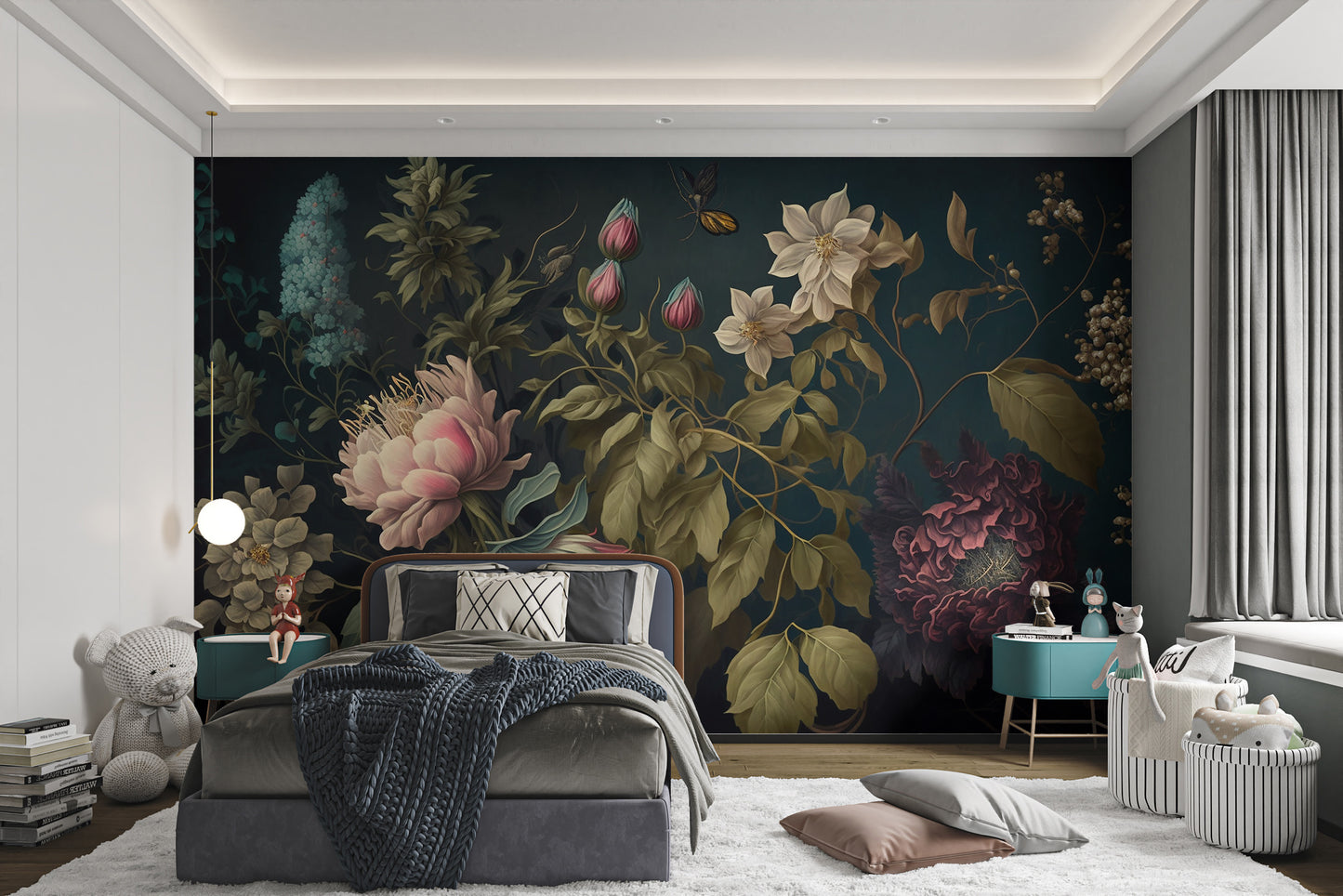 Hand-painted botanical flower wall mural
