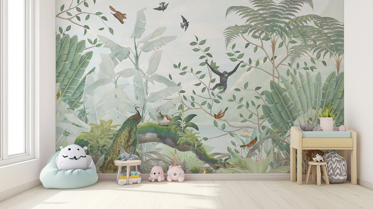 Whimsical wallpaper featuring tropical plants and animals
