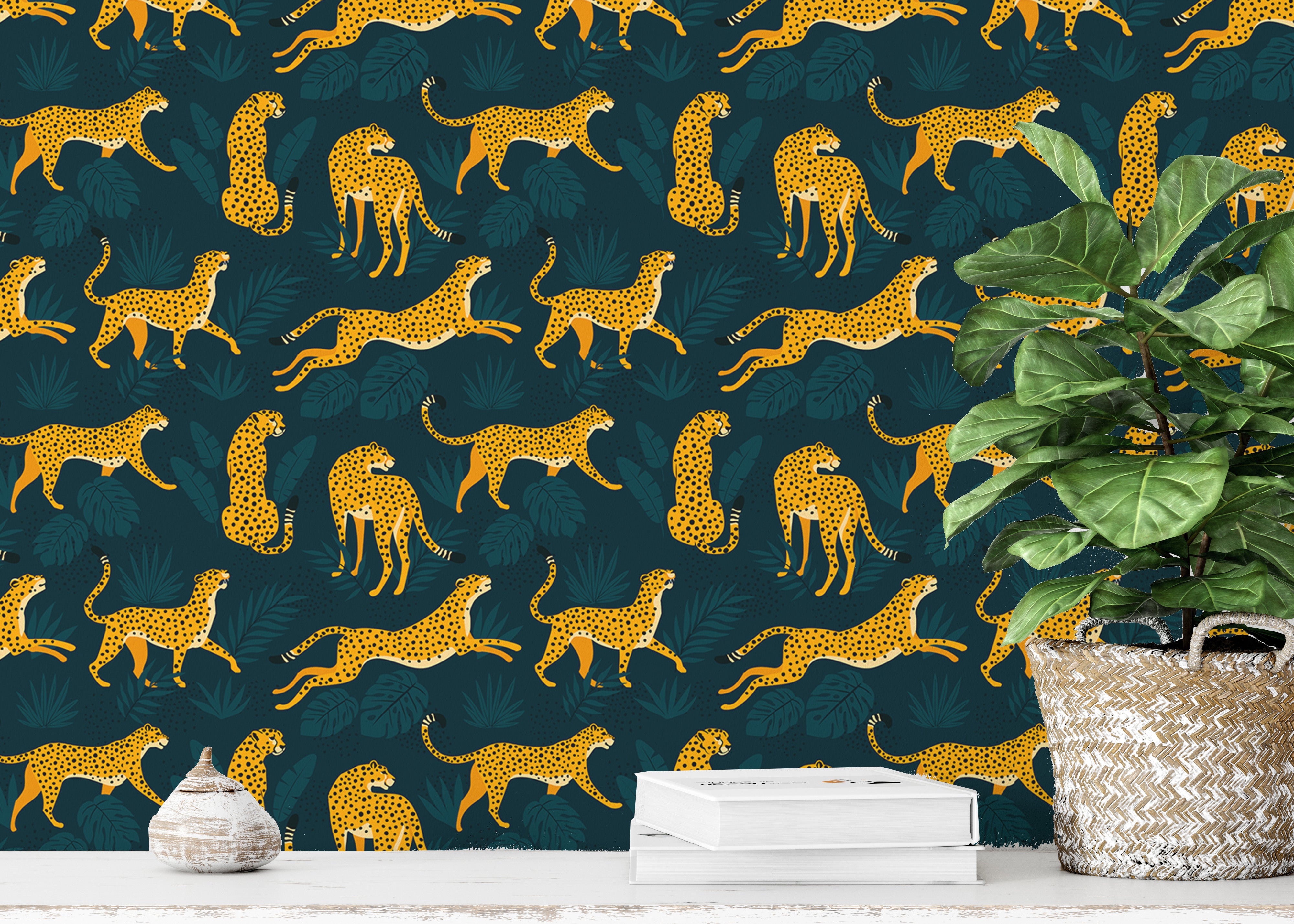 Tropical-themed wallpaper featuring leopards for kids' rooms