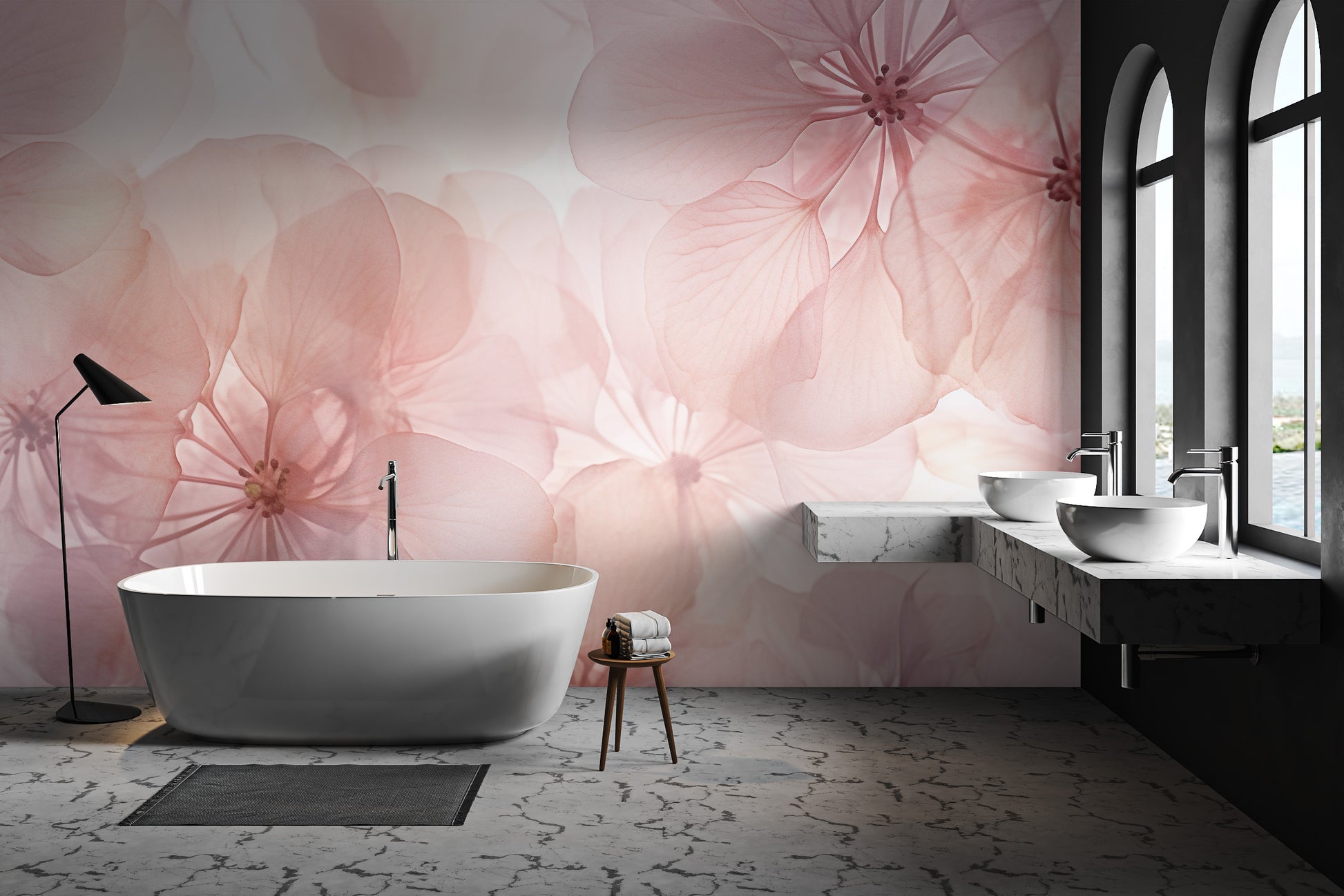 Hydrangea-inspired floral wallpaper in soft pink
