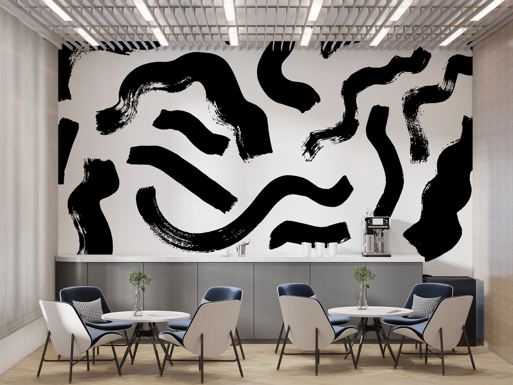 Dynamic black brushstrokes creating abstract wall art.
