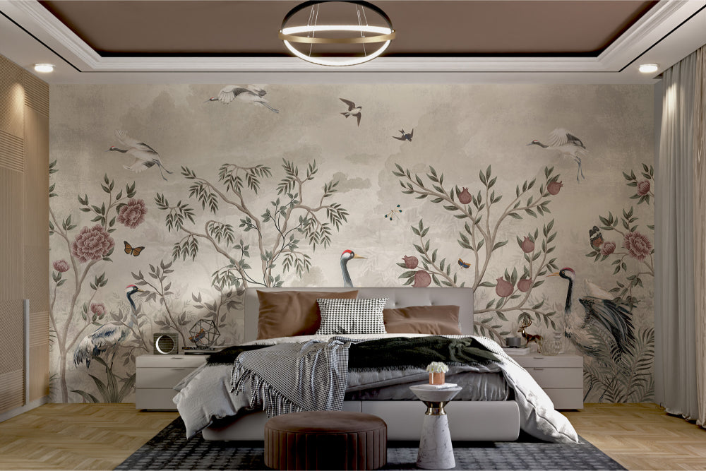 Nature-inspired wallpaper with birds and foliage