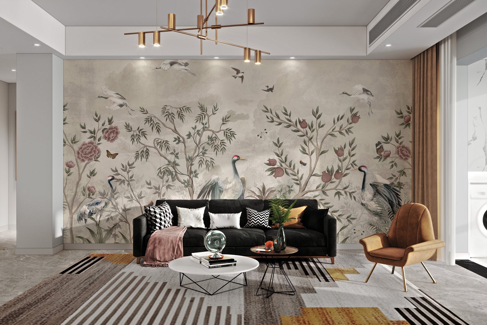 Delicate crane and floral motif wallpaper design