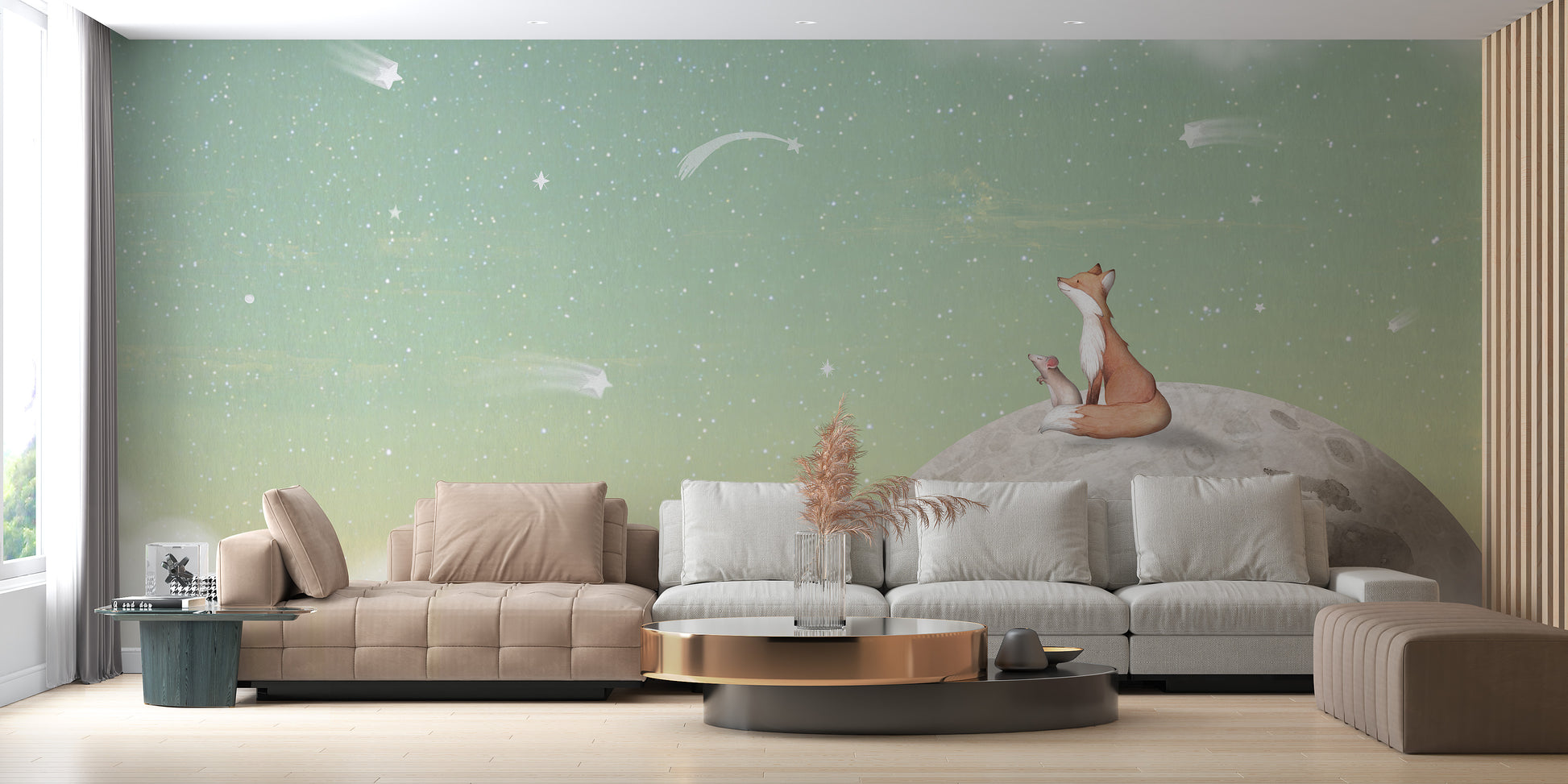 Fox on the moon-themed mural for serene green wall decor
