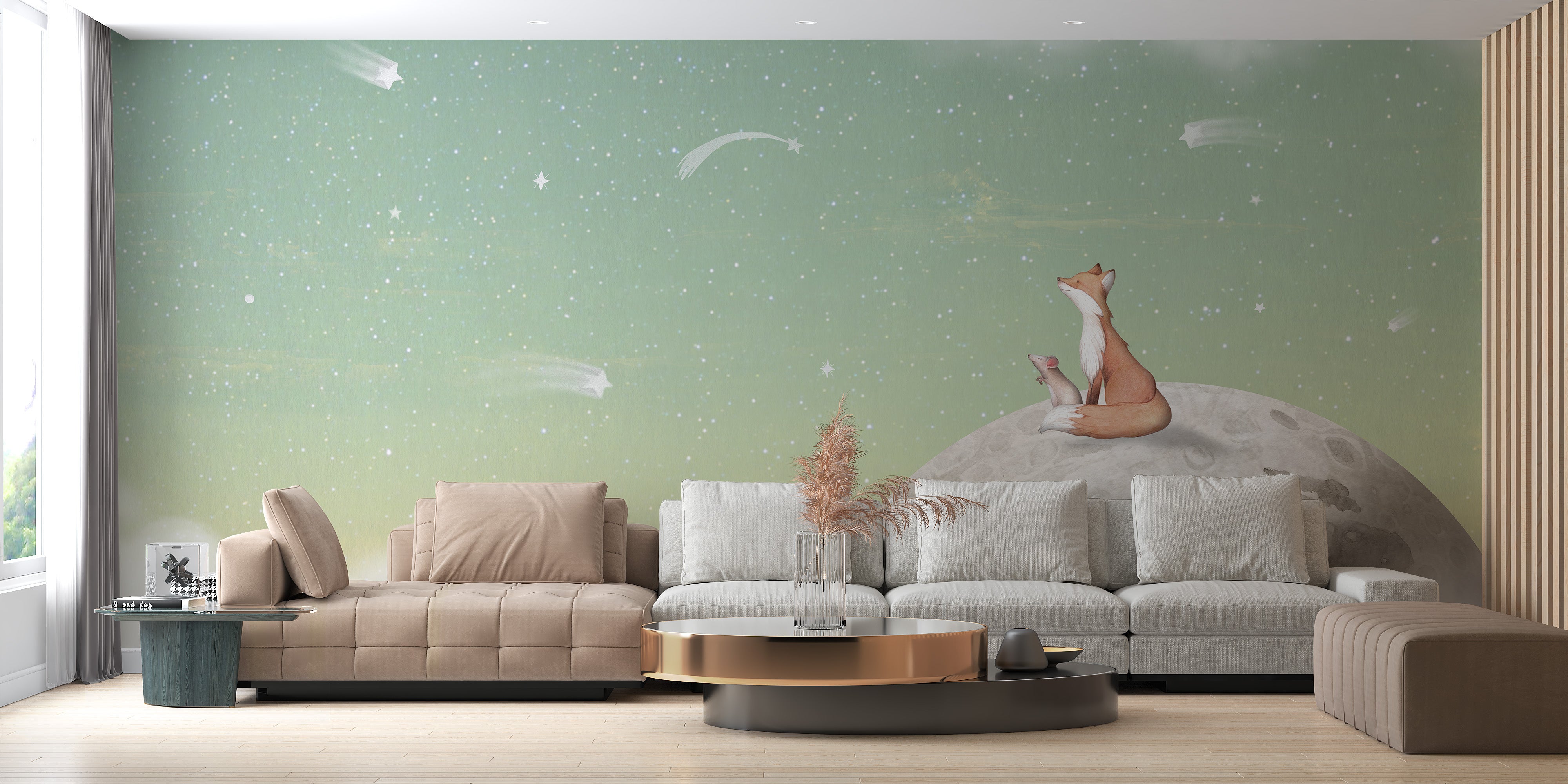 Fox on the moon-themed mural for serene green wall decor
