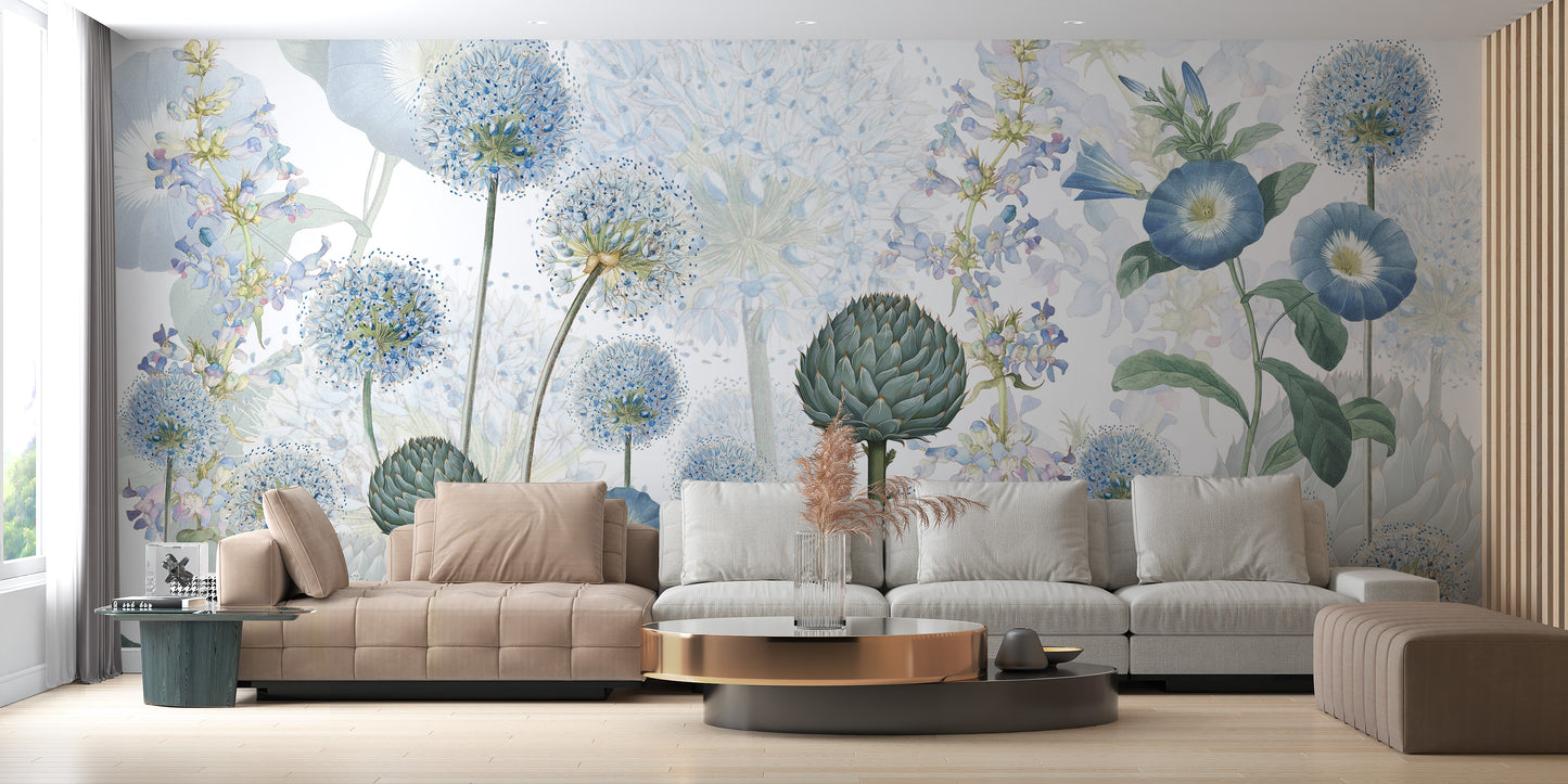 Unique wall mural featuring vibrant azure floral motifs



