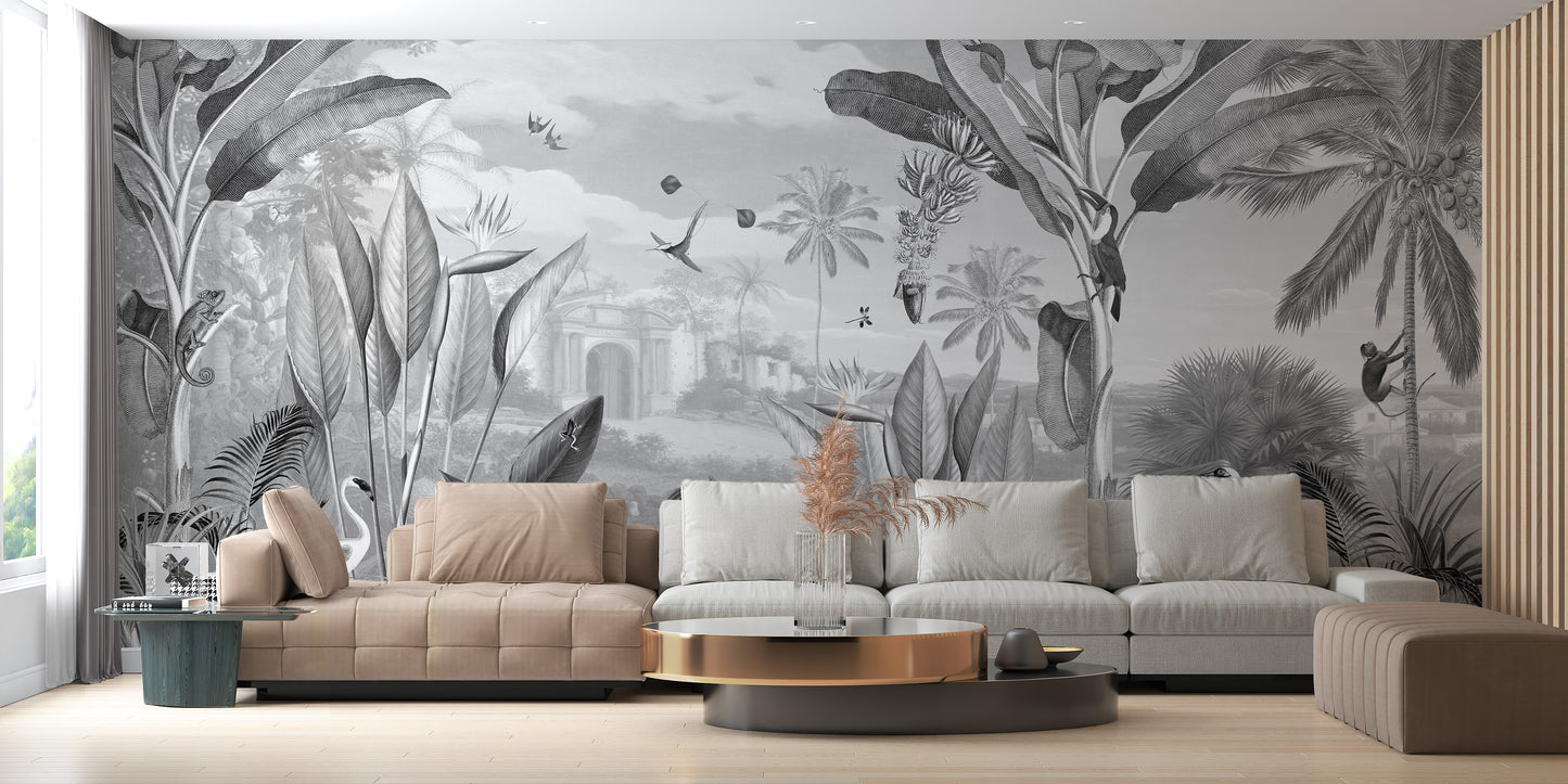 Graceful wall decor showcasing a panoramic monochrome floral scene
