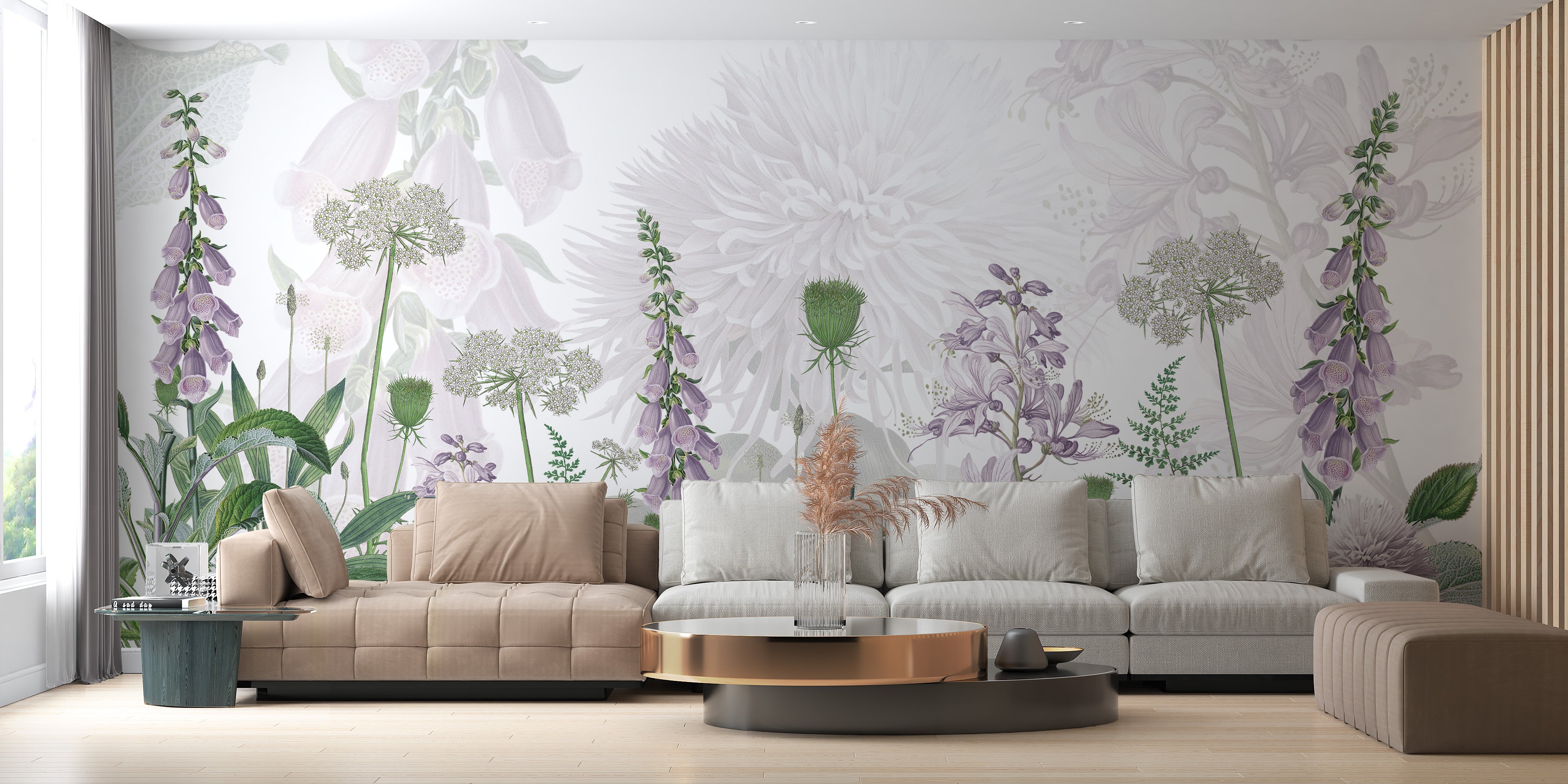 Beautiful foxglove blooms in an artistic wall mural.
