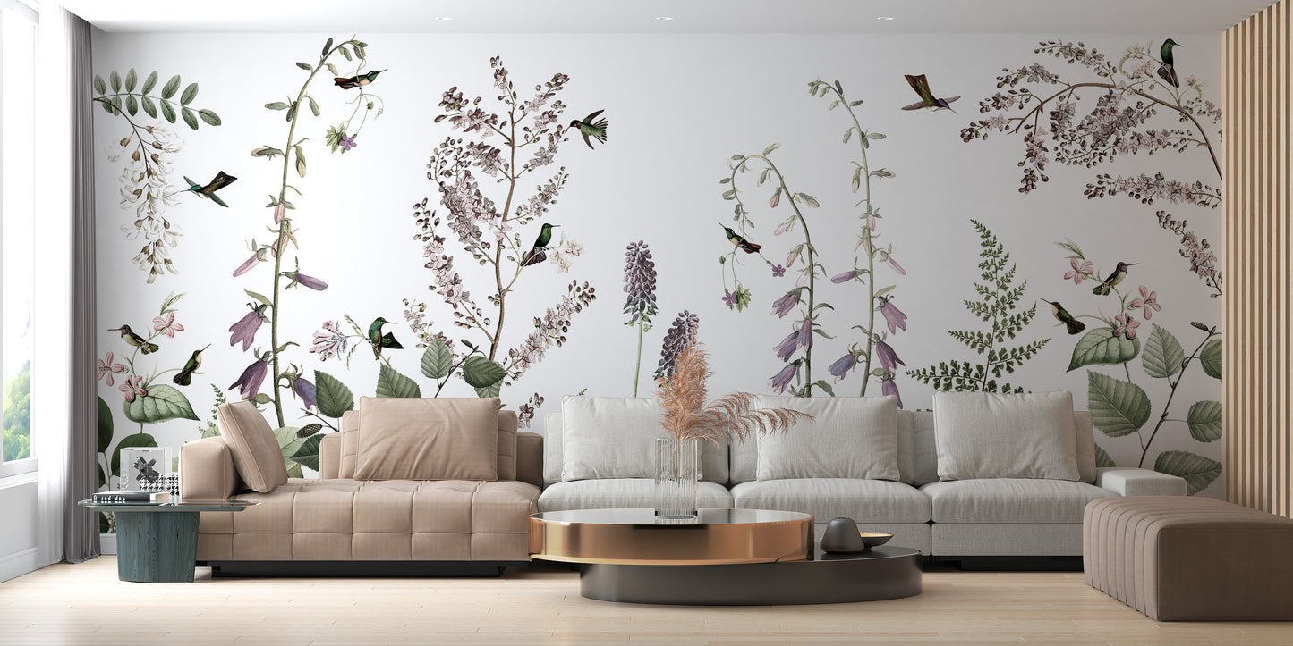 Hummingbird and floral garden mural for interiors.
