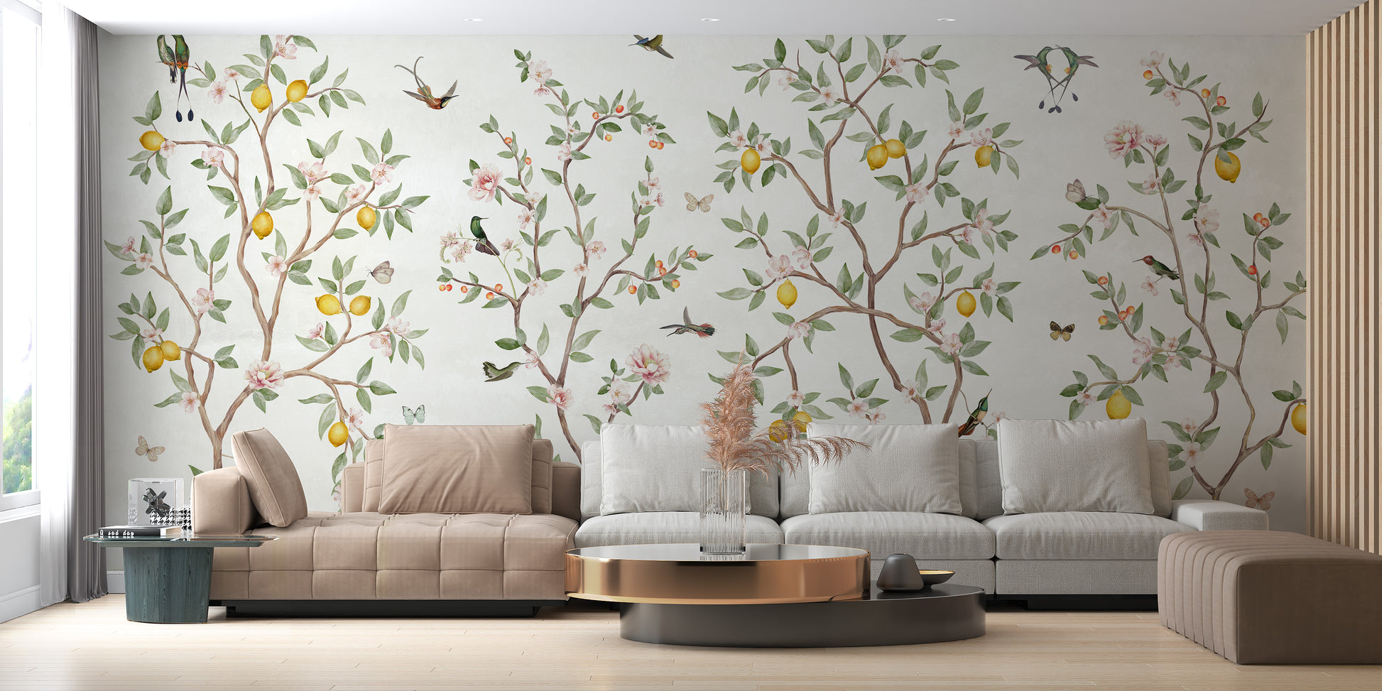 Chinoiserie wall mural with lemon tree elegance.
