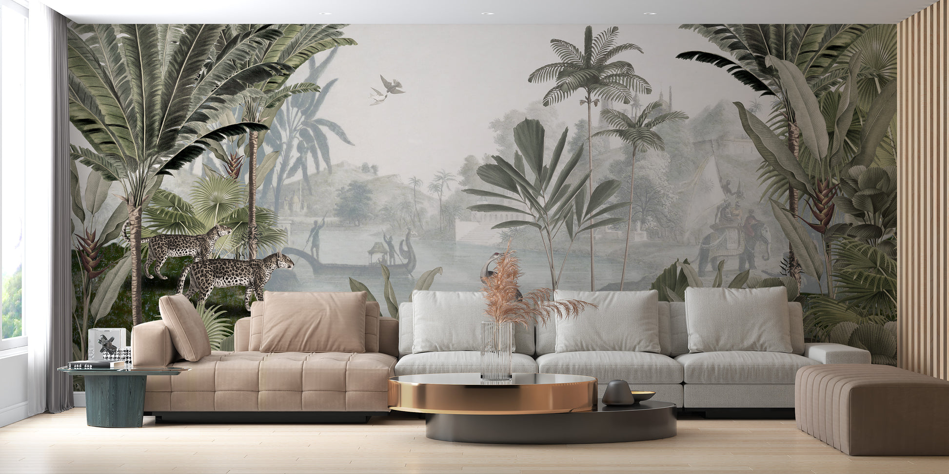 Elegant leopard mural featuring a verdant haven theme.
