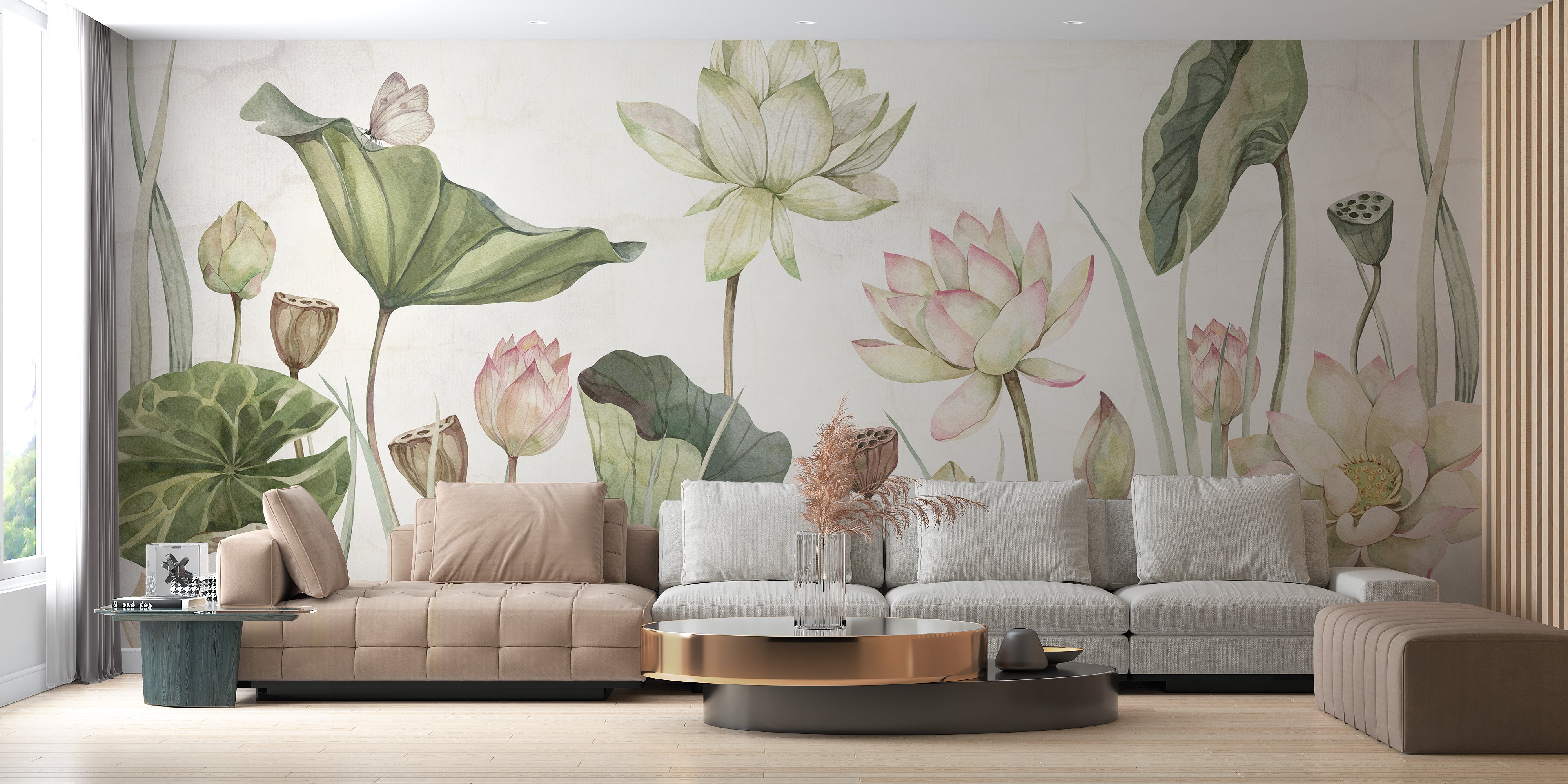 Botanical serenity mural with graceful water lilies.



