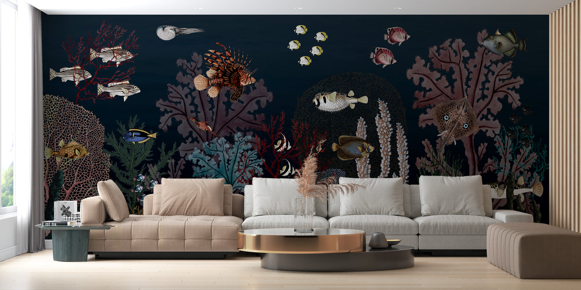 Aquatic ballet mural featuring graceful marine life.
