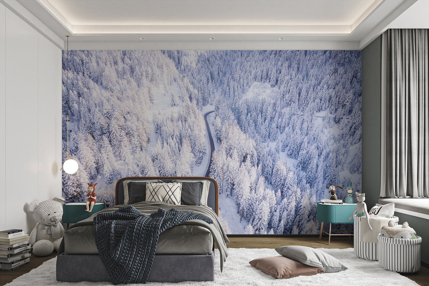 Frozen forest with winding road mural
